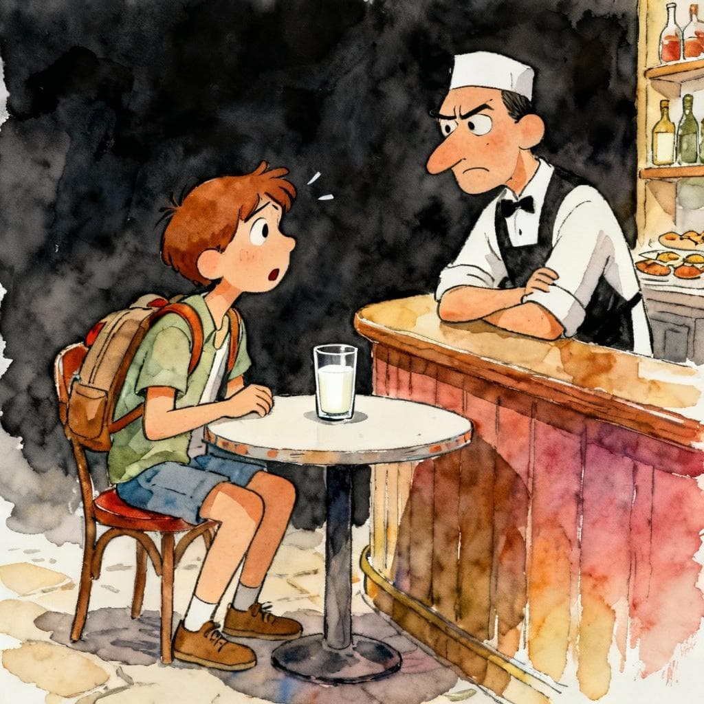 Charming ink and watercolor painting, clean lines, vibrant but soft color palette, storybook style, dark background. A confused tourist sitting at a small Spanish tapas bar table, looking anxiously at a glass of milk next to a grumpy-looking waiter.
