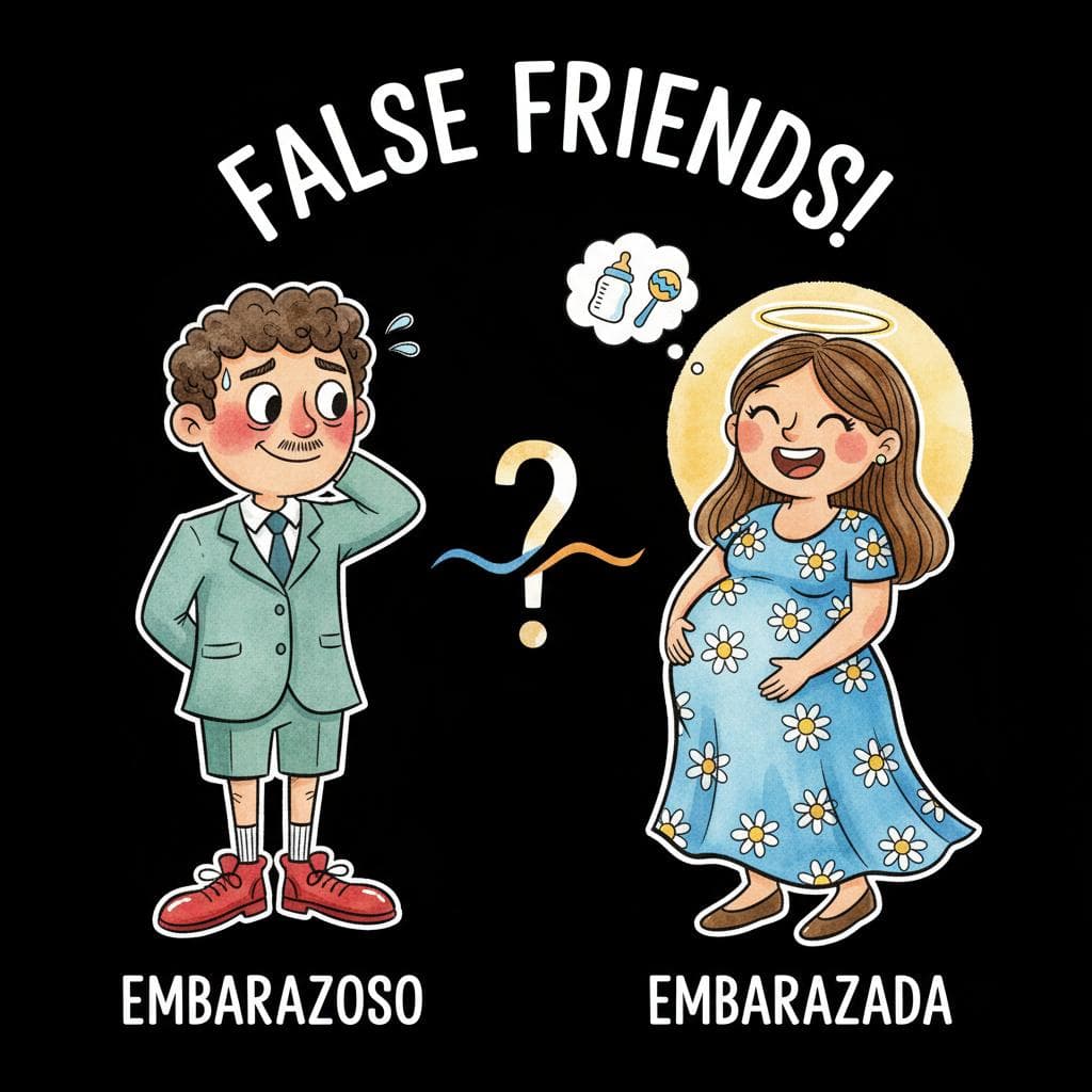 Two Spanish words, 'embarazoso' and 'embarazada,' depicted as cartoon characters. 'Embarazoso' is looking a bit sheepish or blushing, while 'embarazada' is clearly very pregnant and happy. The overall image should be lighthearted and clearly illustrate the 'false friend' concept where similar-sounding words have very different meanings. black background.