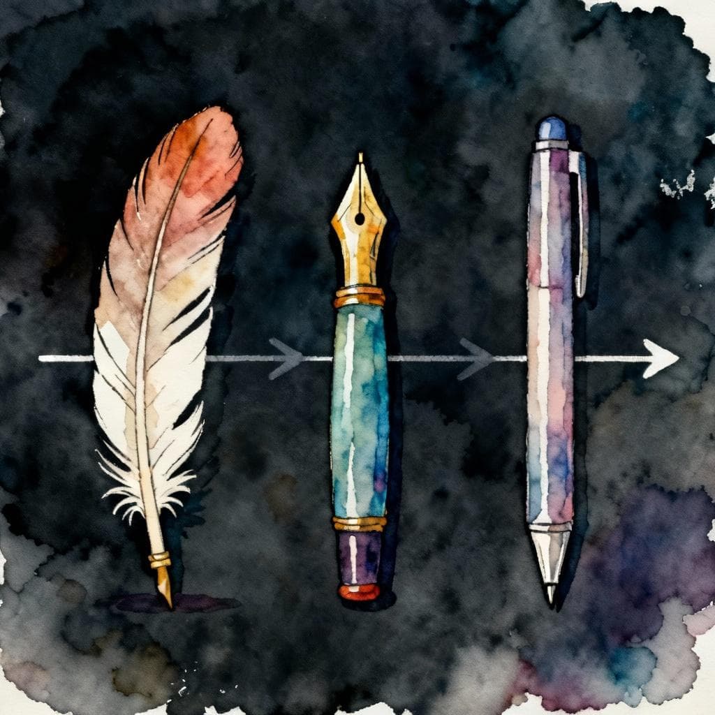 Simple left-to-right timeline showing a quill, then a fountain pen, then a ballpoint pen with faint arrows between them. Charming ink and watercolor painting, clean lines, vibrant but soft colors, storybook style, dark background.