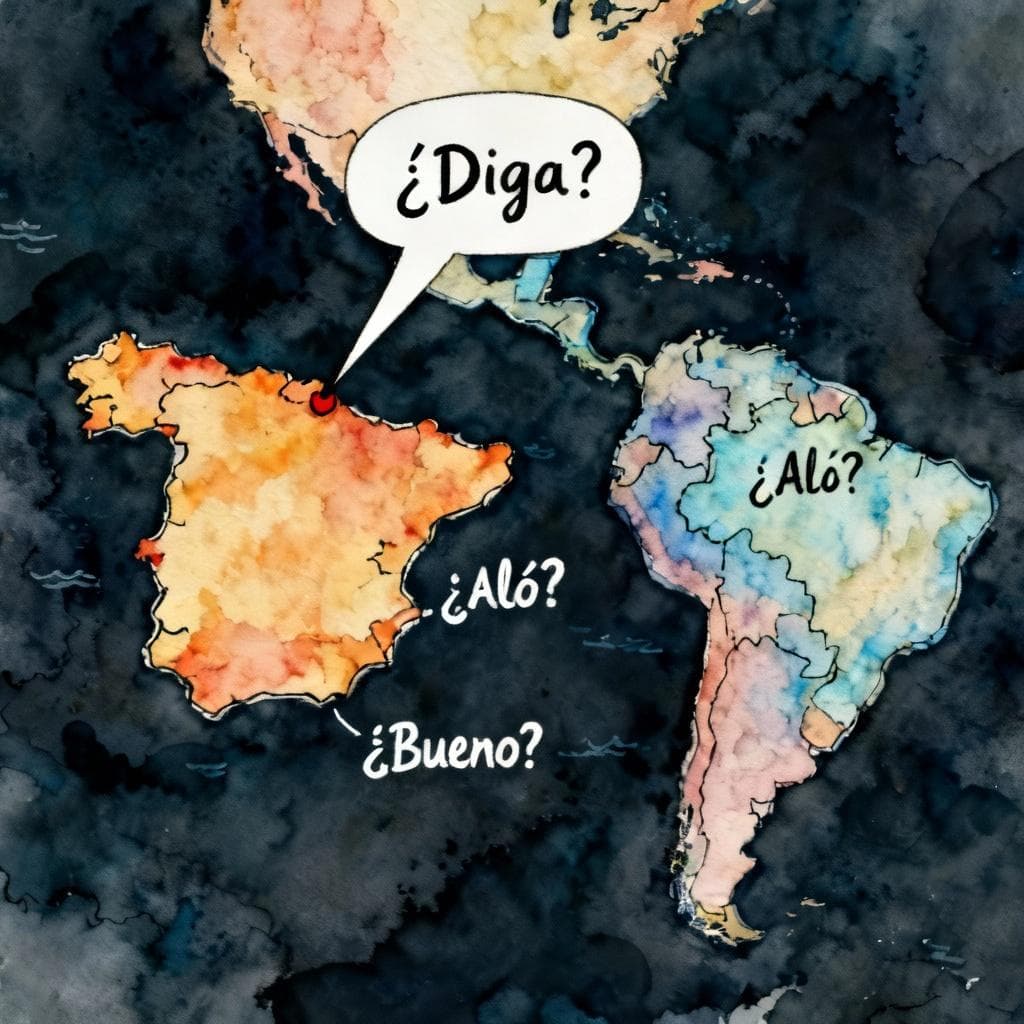 A stylized, artistic map showing Spain, Mexico, and South America. A speech bubble with "¿Diga?" points to Spain, "¿Bueno?" to Mexico, and "¿Aló?" to a country in South America. Charming ink and watercolor style with soft colors on a dark background.