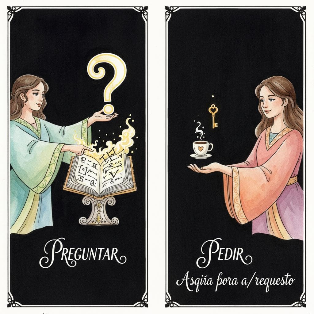 A clear visual dichotomy. On the left, a person holds a large question mark icon and points towards a knowledge board or a book, representing 'asking for information' (Preguntar). On the right, a different person holds out an open hand, receiving a small, desired object (like a key or a coffee cup), representing 'asking for a thing/request' (Pedir). A clean, simple background emphasizes the distinction between the two actions. black background.