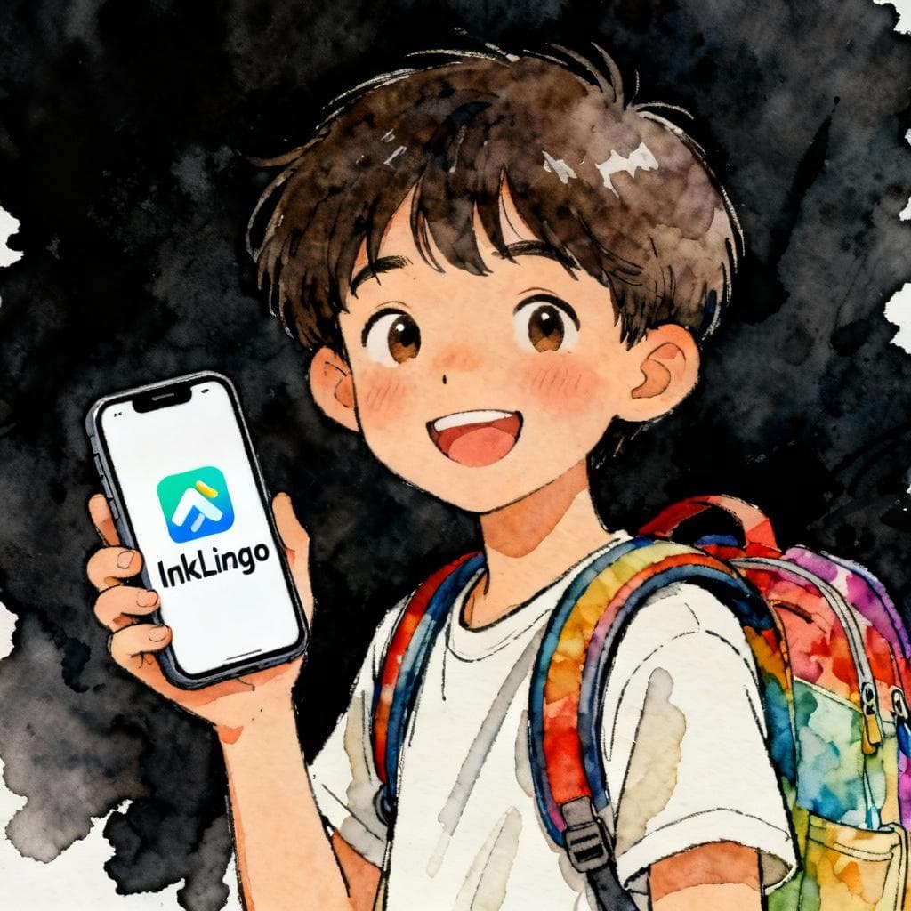 Charming ink and watercolor painting, clean lines, vibrant but soft color palette, storybook style, dark background. A smiling young person holding a smartphone displaying the InkLingo app logo. They are wearing a colorful backpack, suggesting they are ready for travel or adventure.