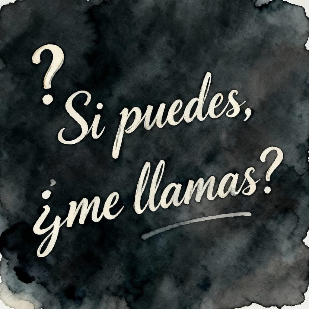 Single Spanish sentence 'Si puedes, ¿me llamas?' handwritten in elegant ink; the inverted question mark appears only where the question begins; charming ink and watercolor, clean lines, dark background, simple composition