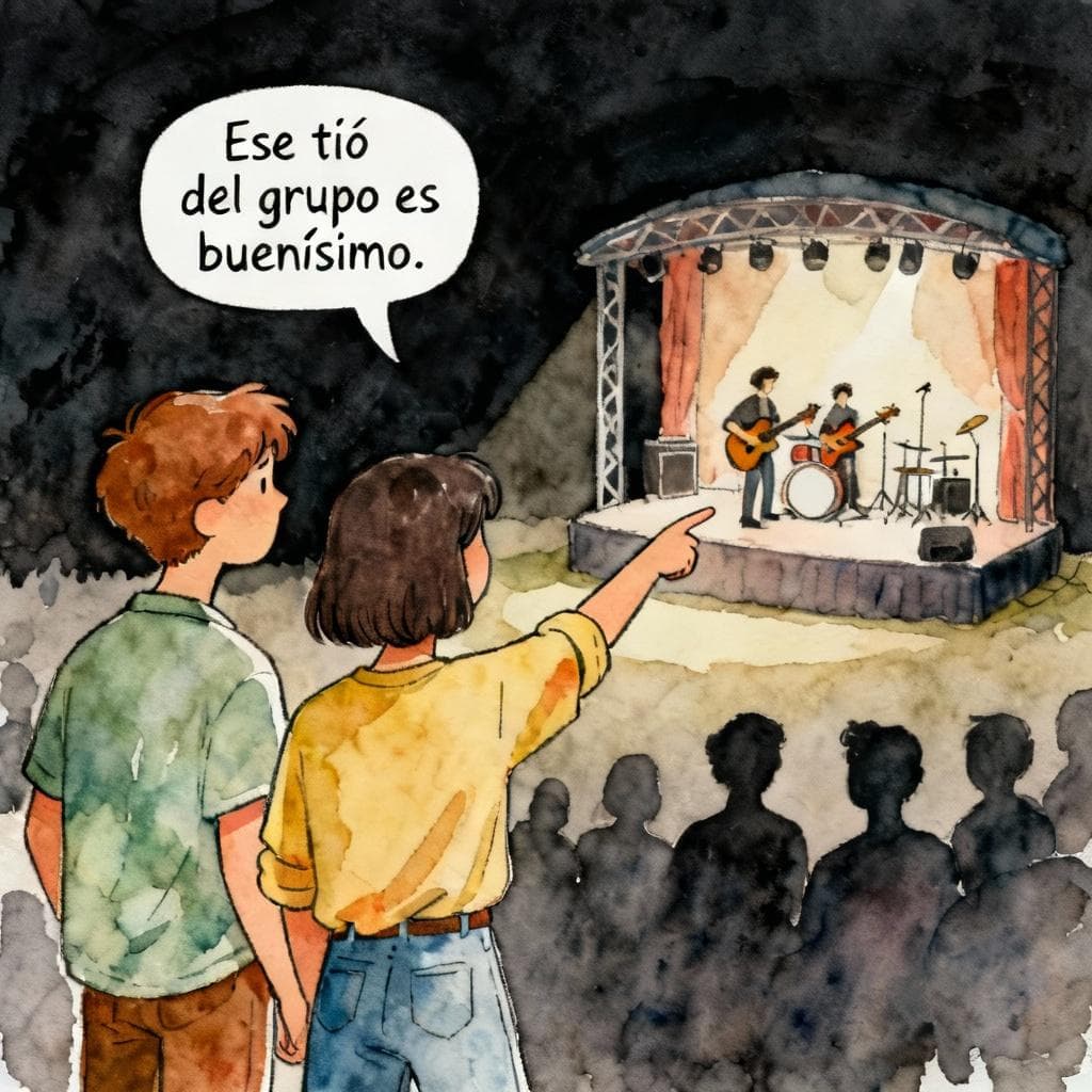 Charming ink and watercolor painting, clean lines, vibrant but soft color palette, storybook style, dark background. Two friends standing near a small concert stage; one points toward the stage with a small speech bubble “Ese tío del grupo es buenísimo.” Minimal crowd silhouettes, simple instruments, no clutter.