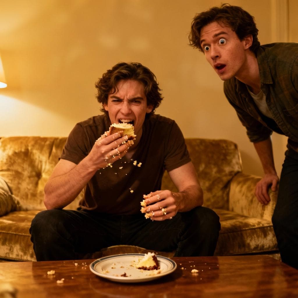 A person confidently sitting on a sofa, eating the last piece of cake, while another person looks on in mild surprise. The person eating the cake has a bold, unashamed expression.