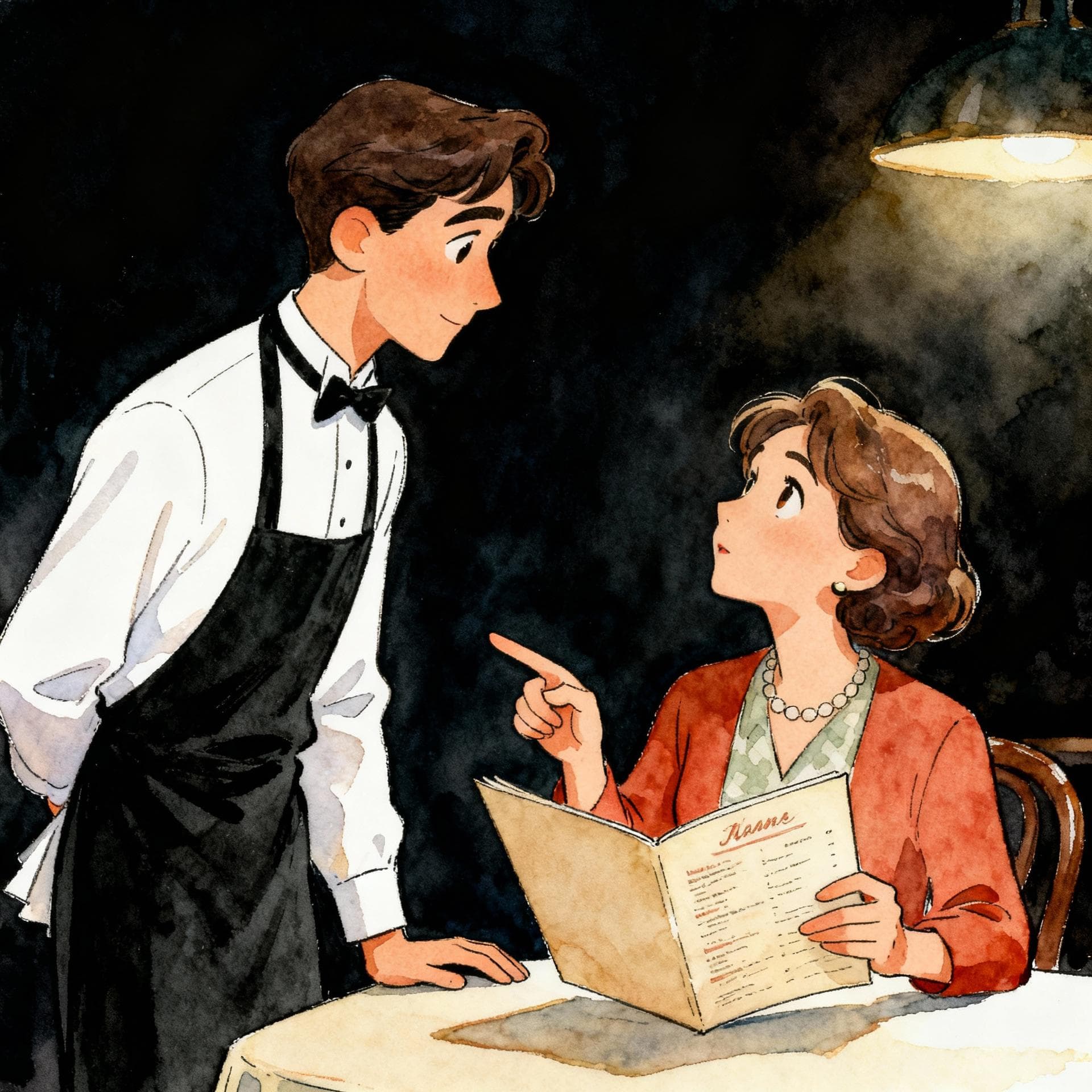 A waiter in a white shirt and black apron is standing next to a table, patiently listening to a customer who is pointing at a menu. The customer has a thoughtful expression. Charming ink and watercolor painting, clean lines, vibrant but soft color palette, storybook style, dark background.