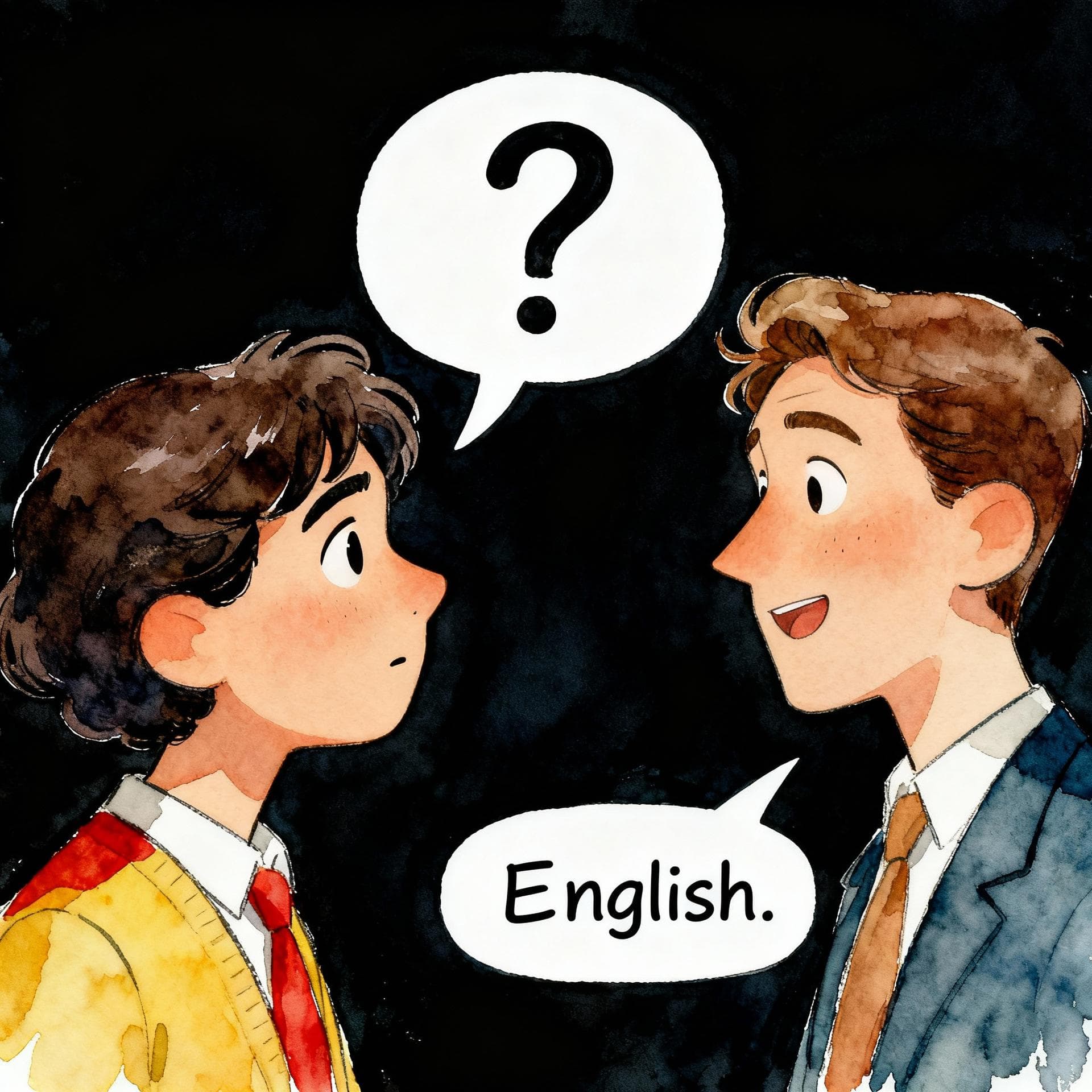 Charming ink and watercolor painting, clean lines, vibrant but soft color palette, storybook style, dark background. A confused Spanish speaker with a question mark floating above their head, looking at an English speaker who is confidently speaking a word that sounds similar in both languages.