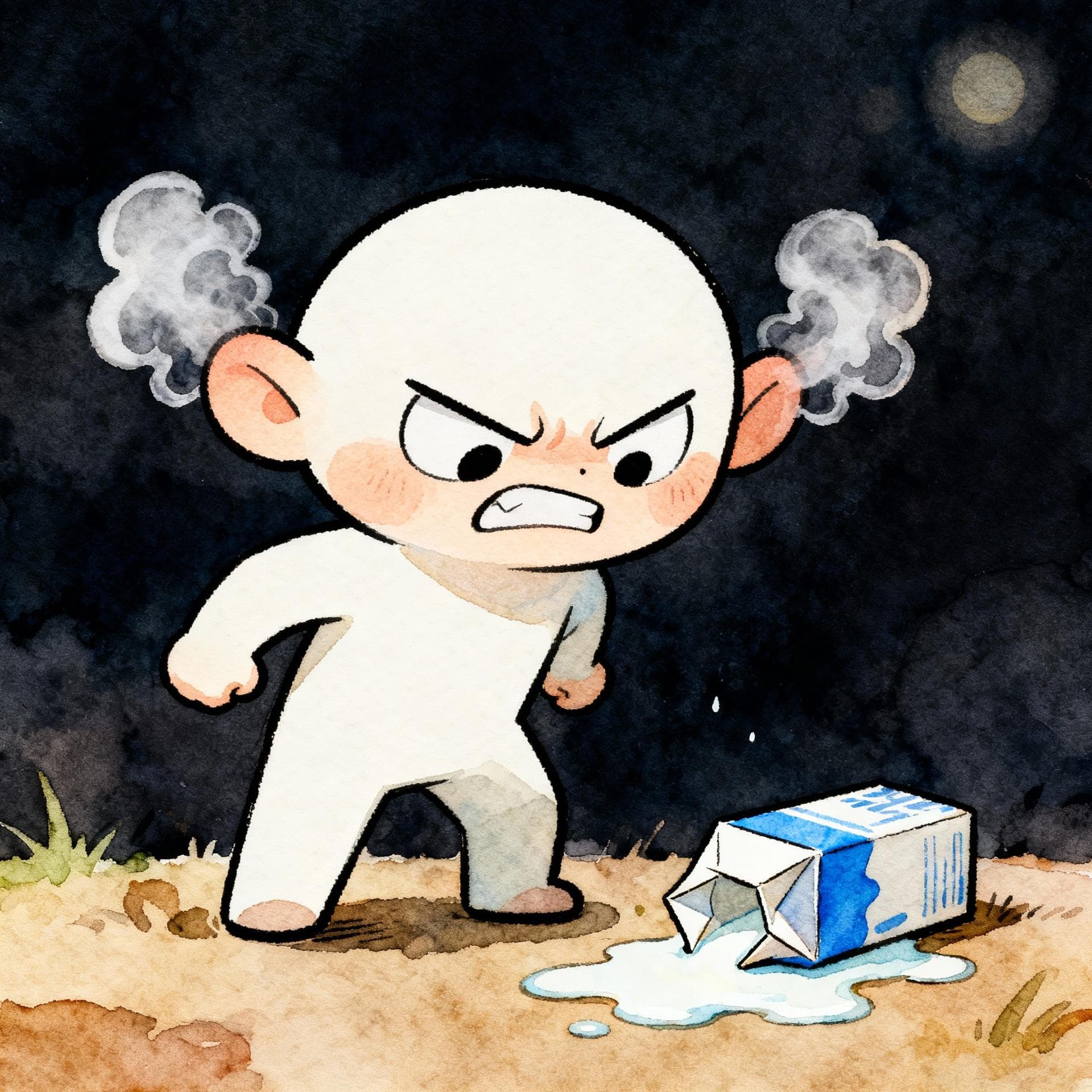Charming ink and watercolor painting, clean lines, vibrant but soft color palette, storybook style, dark background. A grumpy, scowling cartoon character with steam coming out of their ears is standing next to a spilled, broken carton of milk on the ground. The character's face clearly shows extreme frustration.