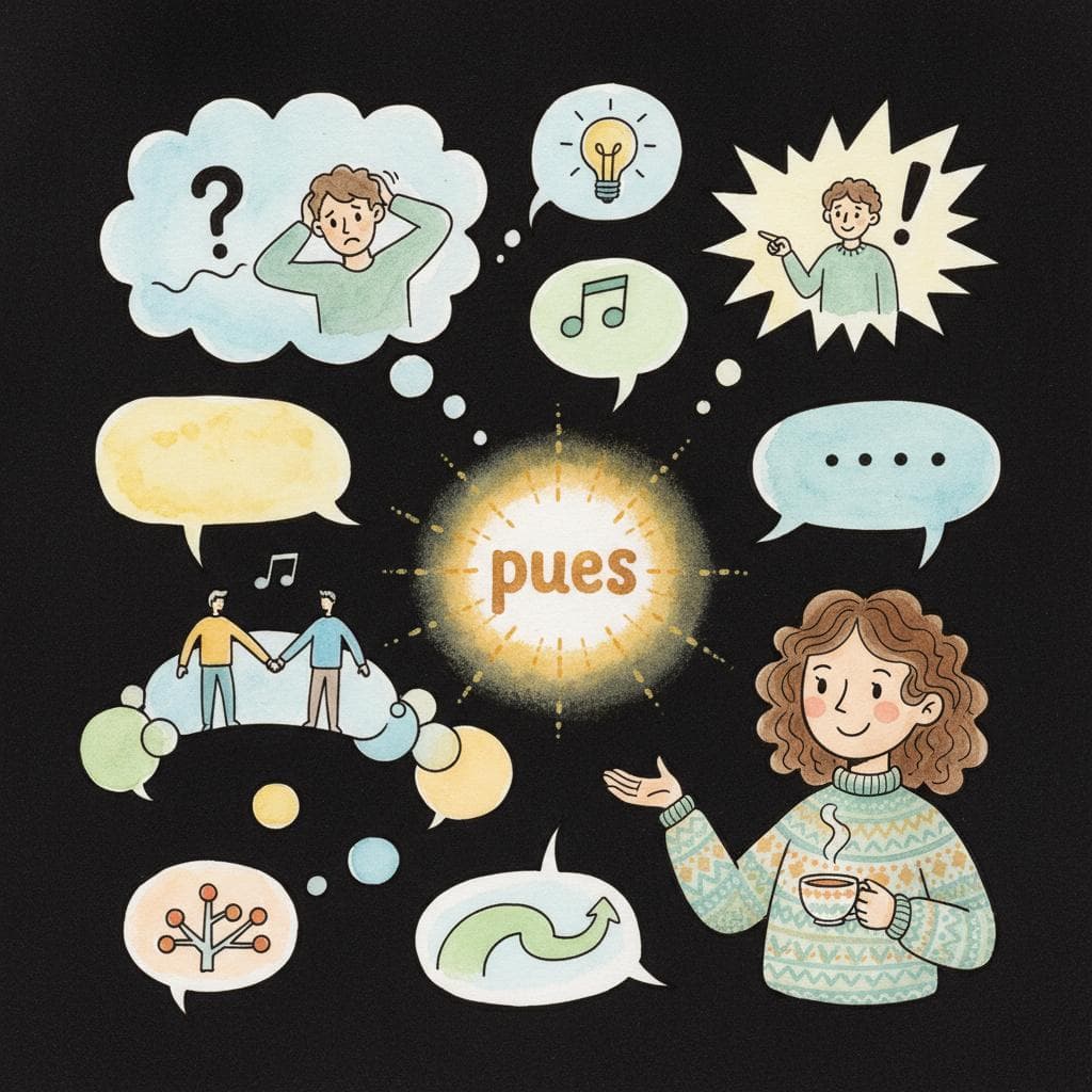 Charming ink and watercolor painting, clean lines, vibrant but soft color palette, storybook style: A small, glowing word "pues" at the center, surrounded by various thought bubbles and speech bubbles depicting different contexts (hesitation, emphasis, connection), implying its versatility. A friendly Spanish speaker character nearby, smiling. black background.