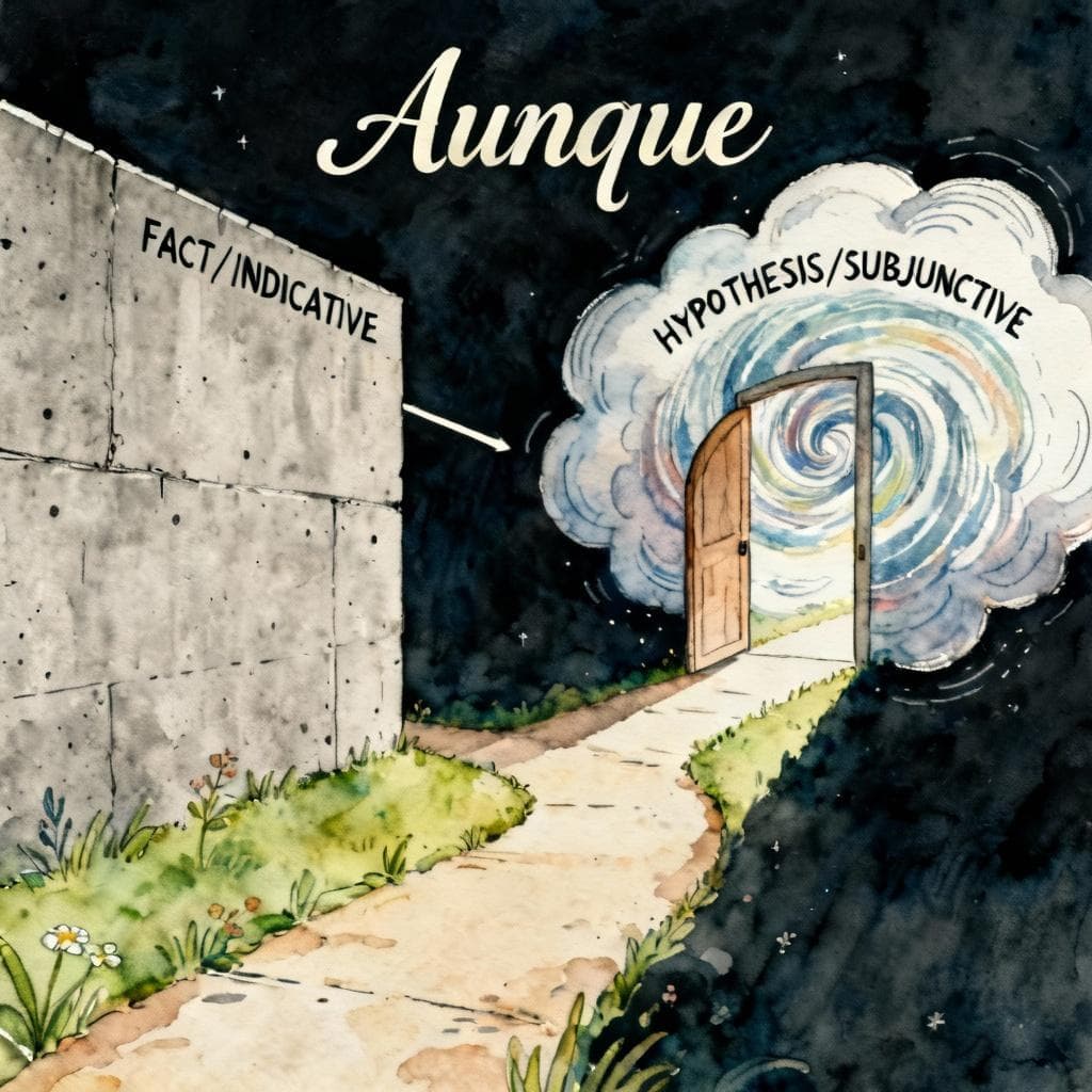 A single Spanish word "Aunque" written in elegant script, physically splitting into two contrasting visual pathways. One path leads to a solid, grounded object (like a concrete wall labeled 'FACT/INDICATIVE'). The other path leads to a swirling cloud or open door (labeled 'HYPOTHESIS/SUBJUNCTIVE'). Charming ink and watercolor painting, clean lines, vibrant but soft color palette, storybook style, dark background.