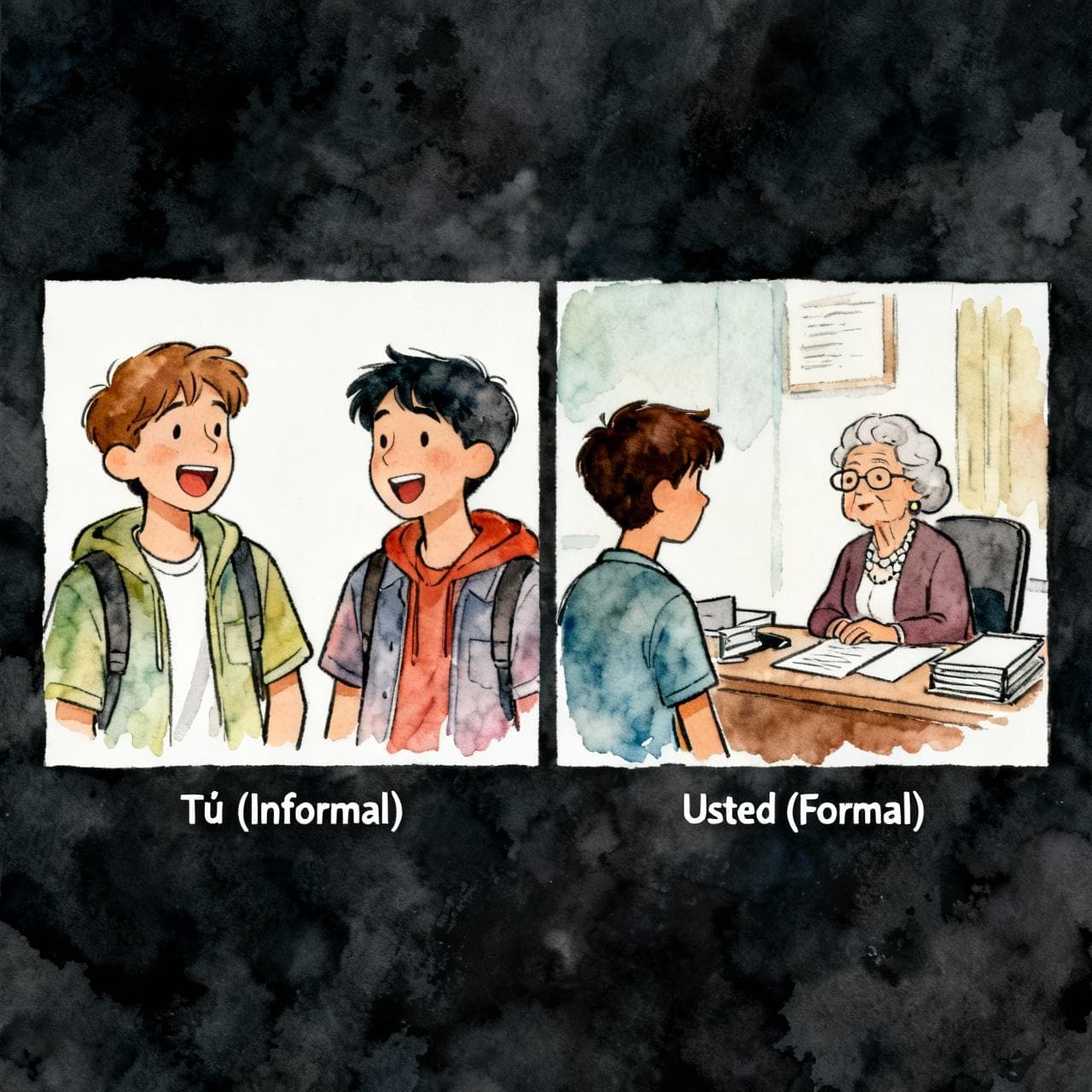 A split-panel ink and watercolor painting. On the left, two young friends are casually chatting and laughing, with the label "Tú (Informal)". On the right, a young person is respectfully talking to an elderly woman in an office setting, with the label "Usted (Formal)". Storybook style, vibrant soft colors, dark background.