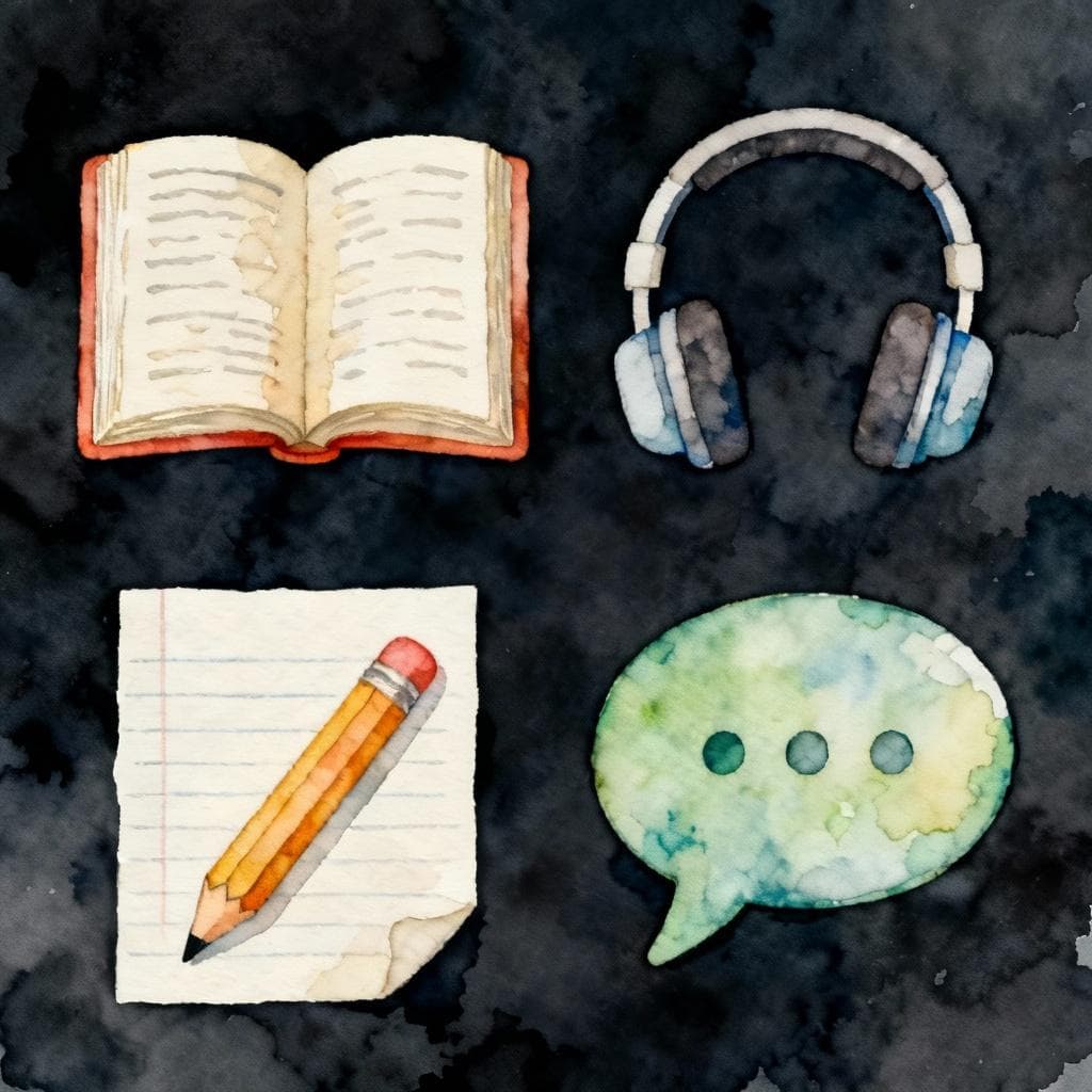 Four simple watercolor icons arranged neatly: an open book (reading), headphones (listening), a pencil on paper (writing), and a speech bubble (speaking); dark background, clean lines, soft vibrant colors, storybook style