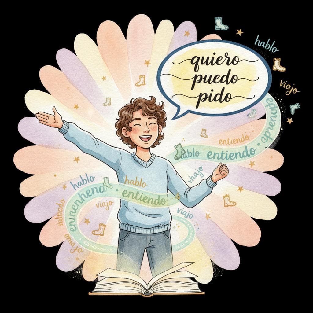 A confident, smiling student, perhaps a young adult, with a sense of accomplishment. They are actively speaking, with a speech bubble next to them containing correctly conjugated Spanish stem-changing verbs like 'quiero', 'puedo', and 'pido'. Subtle, elegant patterns of stylized Spanish words and small, miniature 'boot' symbols float gracefully around them, symbolizing their newfound mastery and fluency. The background is bright and encouraging. black background.