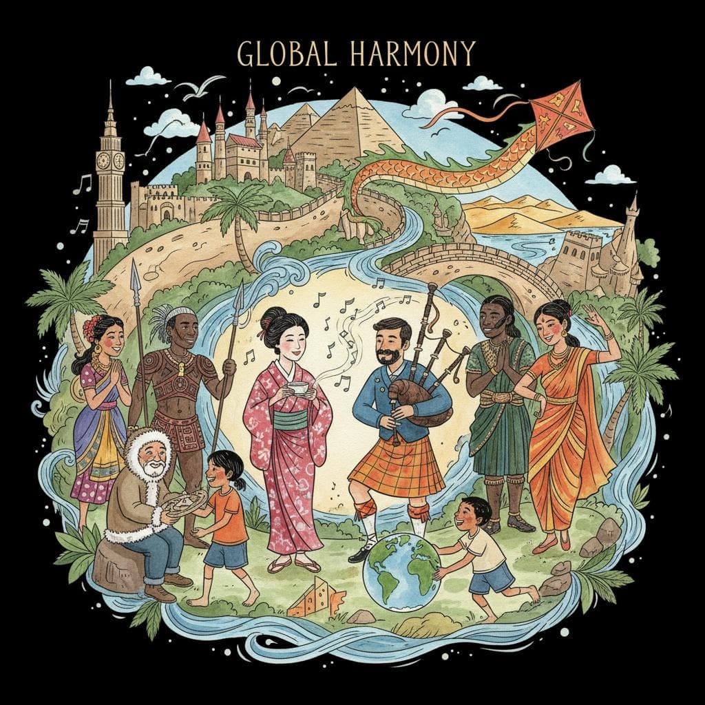 A diverse group of people from various cultures around the world, depicted interacting harmoniously in a vibrant, global setting. Each person represents a distinct cultural background, celebrating their unique customs.  black background.