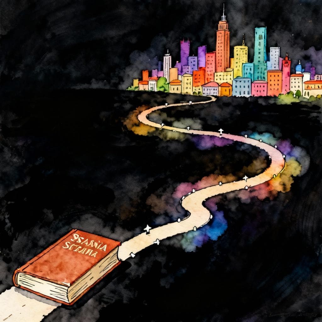 An illustrated timeline winding like a path from a single Spanish dictionary to a vibrant, colorful city skyline representing fluency. Charming ink and watercolor painting, clean lines, vibrant but soft color palette, storybook style, dark background.