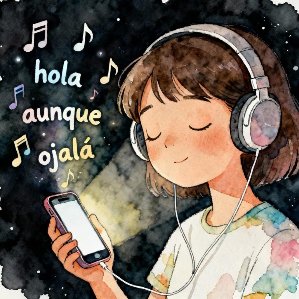 Charming ink and watercolor painting, dark background: a learner wearing headphones, eyes closed; soft musical notes float from a smartphone and morph into simple Spanish words like “hola”, “aunque”, “ojalá”; clean lines, vibrant but soft palette, storybook style