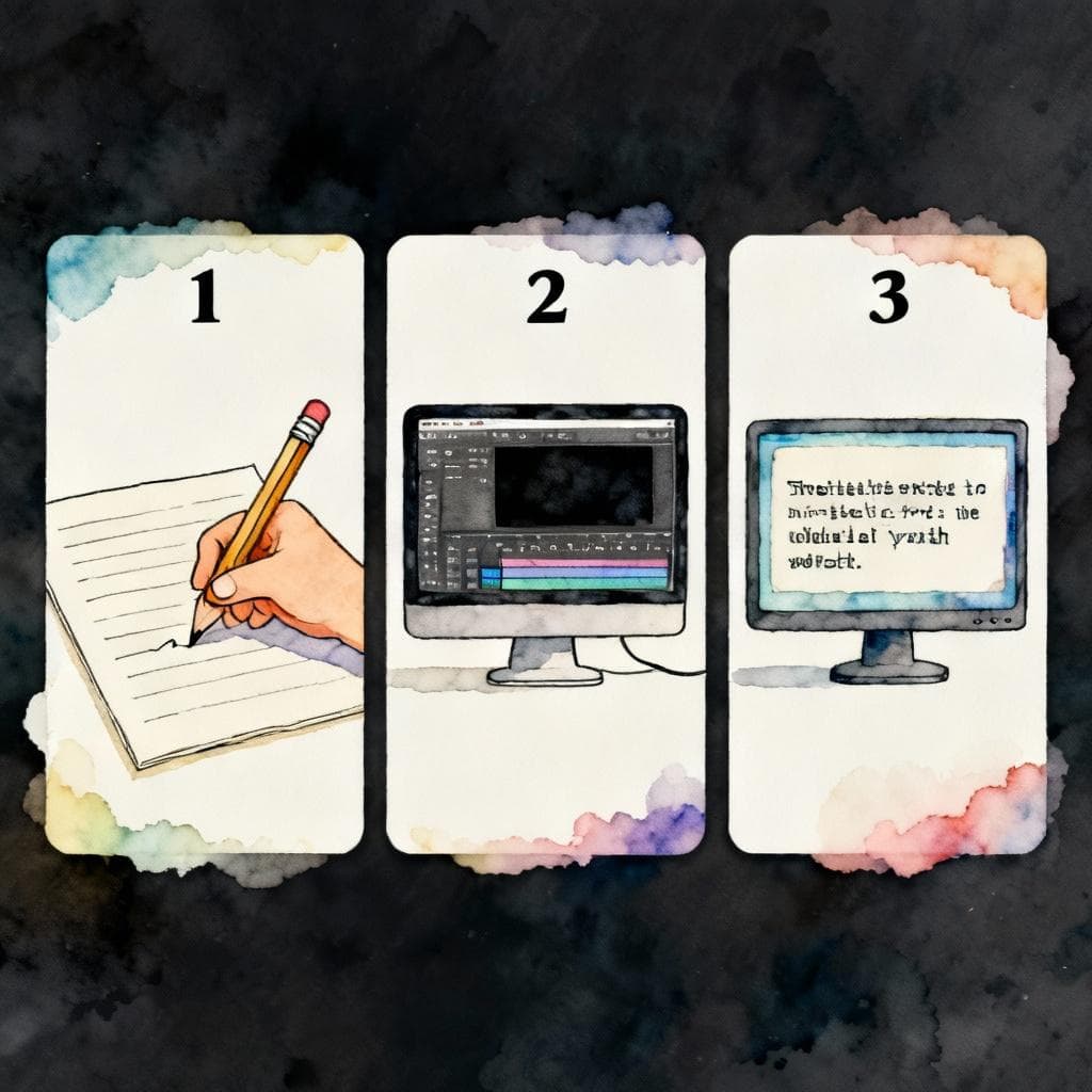 Minimal three-card layout labeled 1-2-3 representing the subtitle workflow steps; ink-and-watercolor, clean lines, soft vibrant colors, storybook style on a dark background