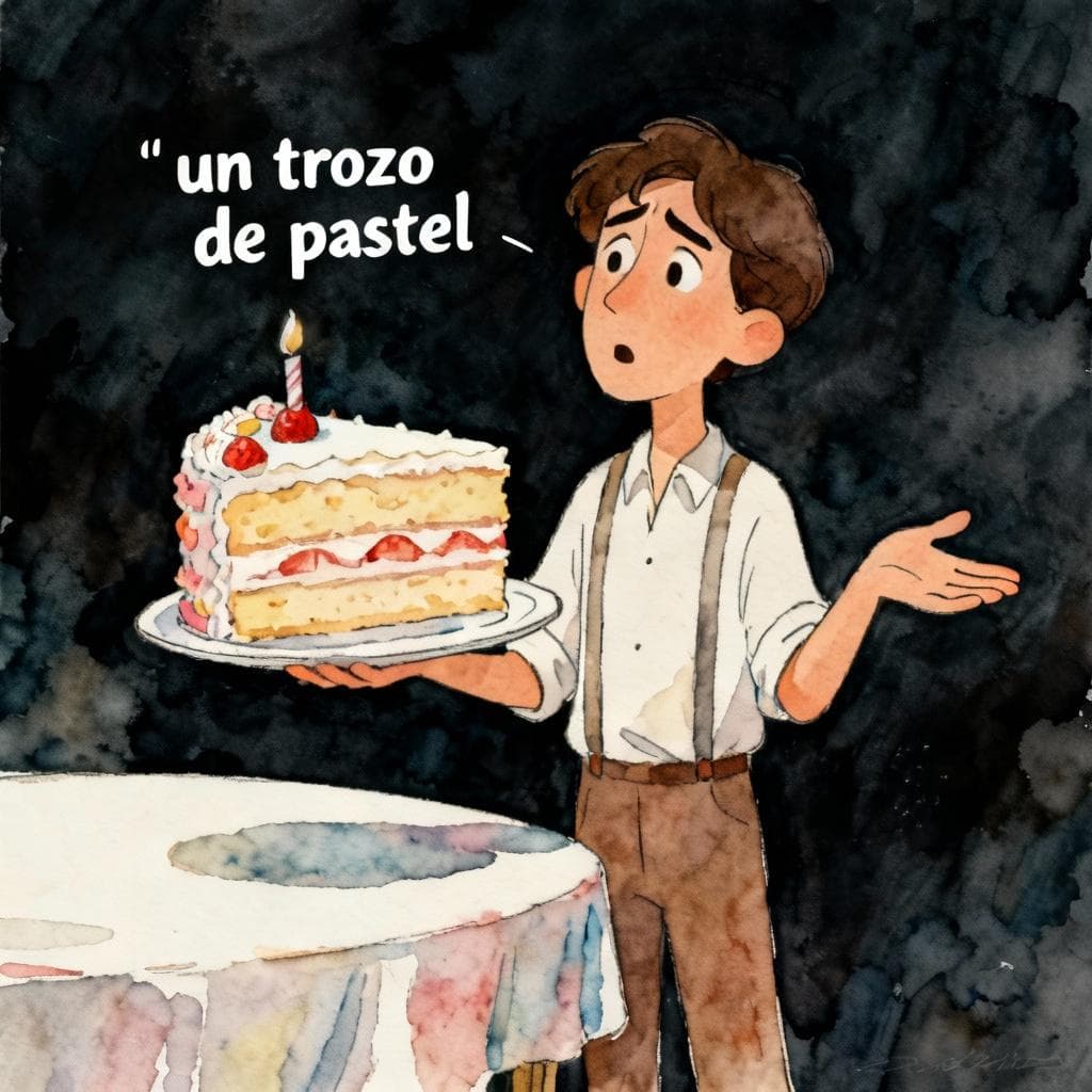 Charming ink and watercolor painting, clean lines, vibrant but soft color palette, storybook style, dark background. A confused Spanish speaker standing next to a table holding a large, elaborate slice of birthday cake (un trozo de pastel). The speaker is shrugging, indicating misunderstanding.