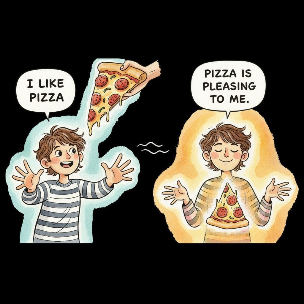 A person initially reaching out to grab a slice of pizza, representing 'I like pizza'. Next to them, the same person is passively receiving a radiant, happy glow from the pizza, representing 'pizza is pleasing to me'. The two scenes are subtly contrasted or side-by-side.  black background.
