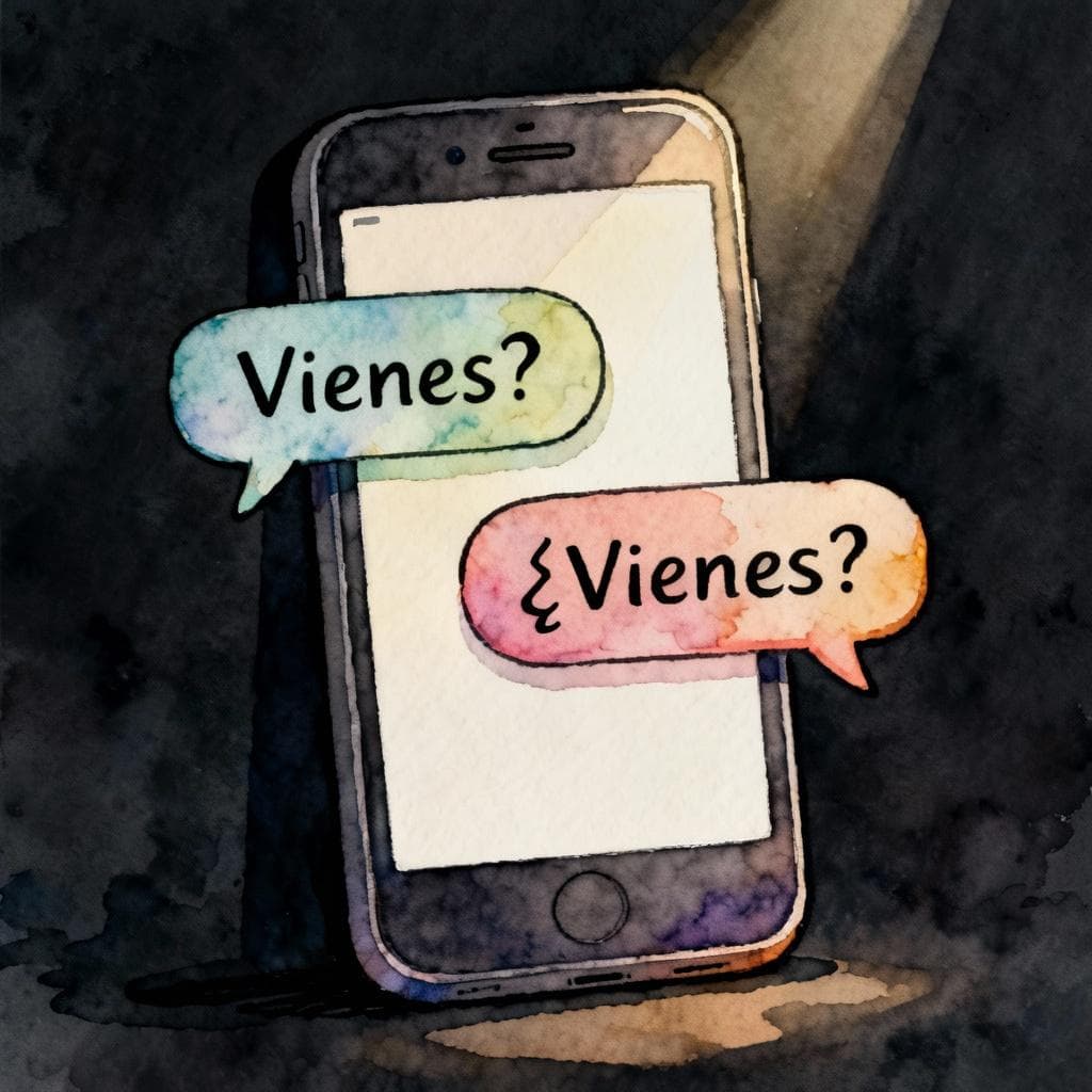 Simple smartphone on a dark background with two Spanish chat bubbles: 'Vienes?' and '¿Vienes?'; charming ink and watercolor, clean lines, vibrant but soft colors, storybook style