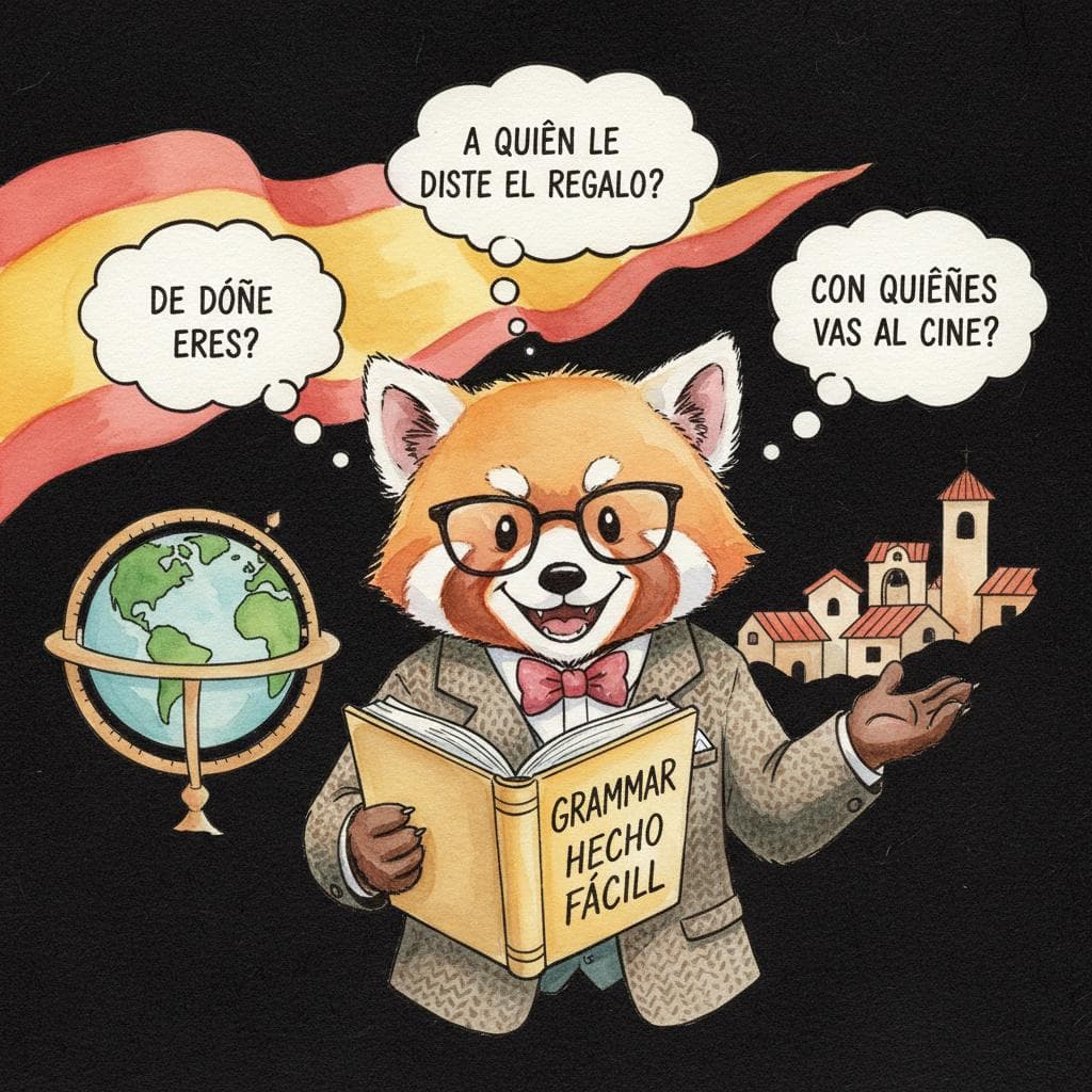 A cheerful character successfully speaking Spanish, with thought bubbles showing correctly structured sentences (preposition at the front). The character looks confident and natural, perhaps holding a book titled 'Grammar Made Easy' or similar. A subtle Spanish flag or cultural elements in the background. black background.