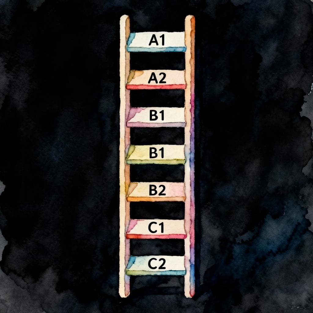 Charming ink and watercolor, clean lines, vibrant yet soft colors, storybook style on a dark background. A simple vertical ladder with six evenly spaced rungs labeled A1, A2, B1, B2, C1, C2; no other elements.