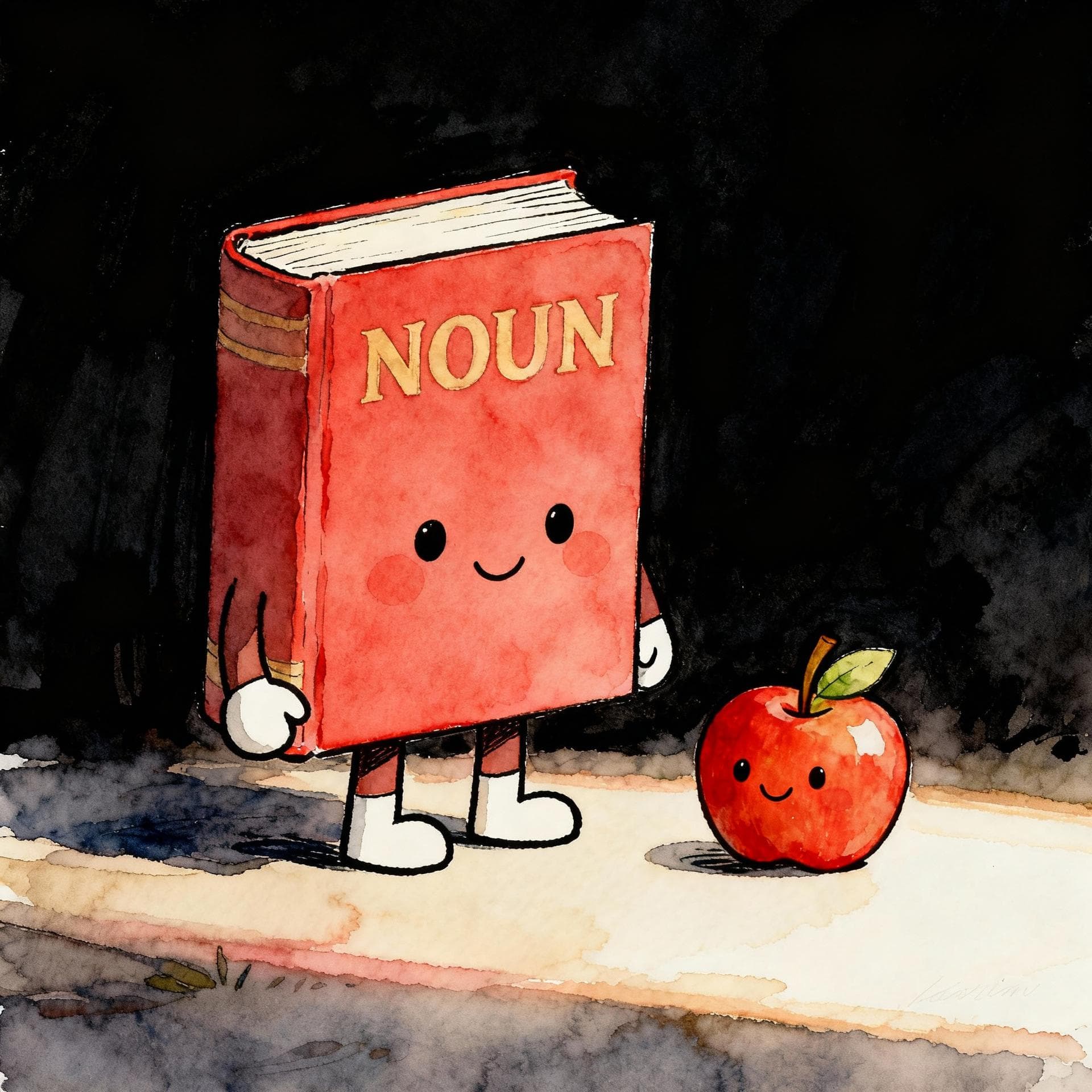 Charming ink and watercolor painting, clean lines, vibrant but soft color palette, storybook style, dark background. A large, friendly, anthropomorphic book labeled 'NOUN' standing next to a small, happy, anthropomorphic apple.