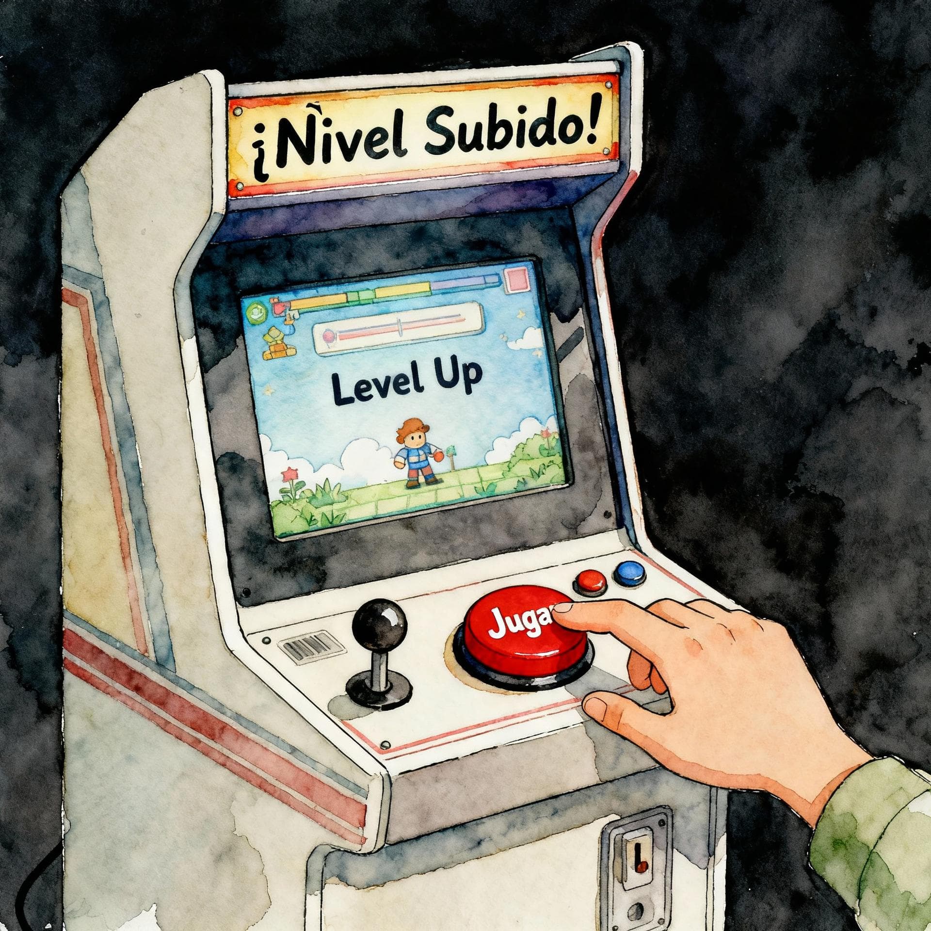 A stylized, retro arcade cabinet displaying a Spanish language learning screen with the text '¡Nivel Subido!' (Level Up!) on the marquee. A hand is pressing a large, red button labeled 'Jugar'. Charming ink and watercolor painting, clean lines, vibrant but soft color palette, storybook style, dark background.
