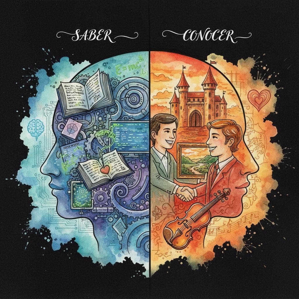 A charming ink and watercolor painting depicting a person with a split conceptual visual. On one side (representing 'saber'), the person's head has stylized gears, books, mathematical formulas, and a computer screen, signifying facts, information, and skills. On the other side (representing 'conocer'), the same person is seen warmly shaking hands with another person, standing in front of a recognizable landmark (like a stylized arch or castle), and holding a framed painting or a musical instrument, signifying familiarity with people, places, and things. The background uses soft, vibrant colors to distinguish the two concepts, with a subtle brain icon near the 'saber' side and a heart icon near the 'conocer' side. black background.