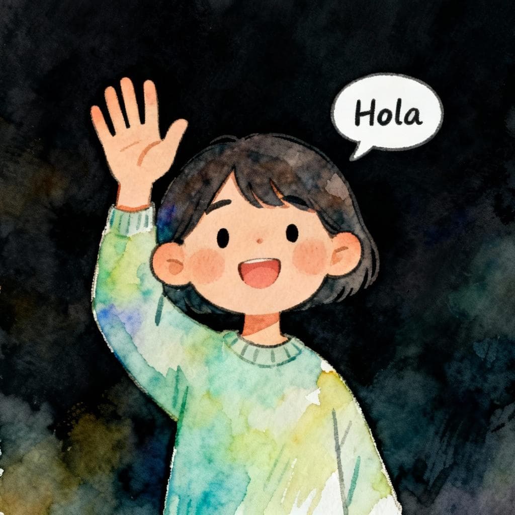 Charming ink and watercolor, clean lines, soft vibrant palette, storybook style on a dark background. A single friendly person waving with a small speech bubble that says 'Hola'. Minimal background.
