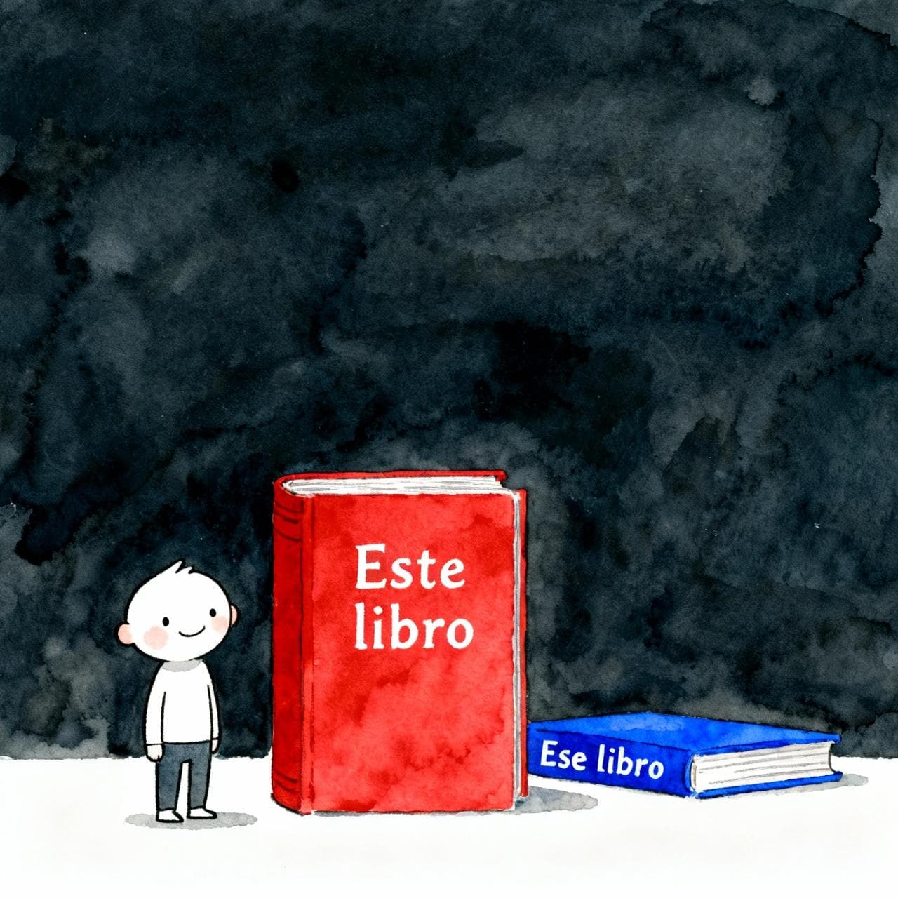 A simple pedagogical diagram. A friendly character stands on the left. Close to the character is a red book labeled 'Este libro'. Further away, near the right edge, is a blue book labeled 'Ese libro'. Minimalist background. Charming ink and watercolor painting, clean lines, vibrant but soft color palette, storybook style, dark background.