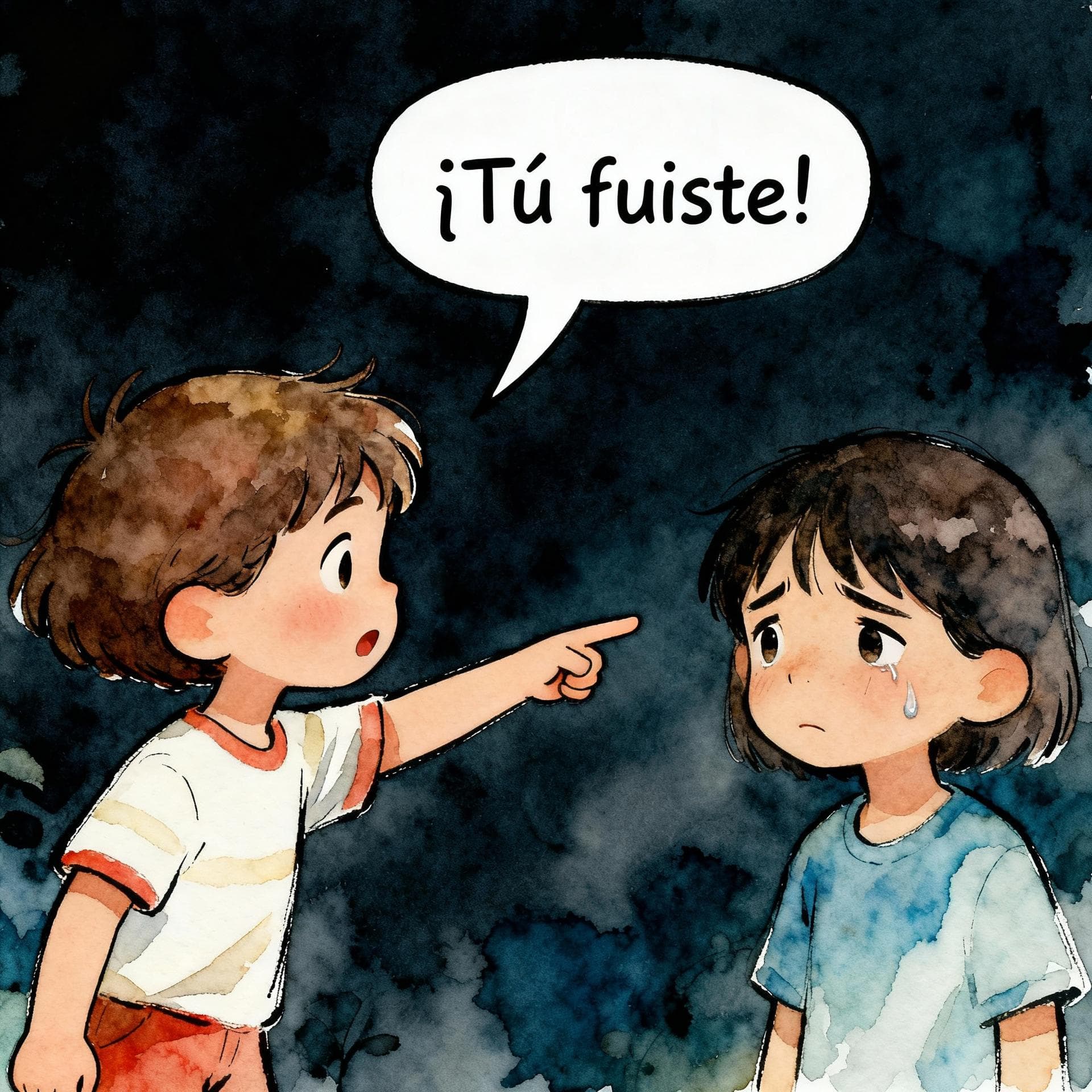 Charming ink and watercolor painting, clean lines, vibrant but soft color palette, storybook style, dark background. A small child points an accusatory finger at a slightly younger child who looks sad. A speech bubble above the pointing child contains the text "¡Tú fuiste!".
