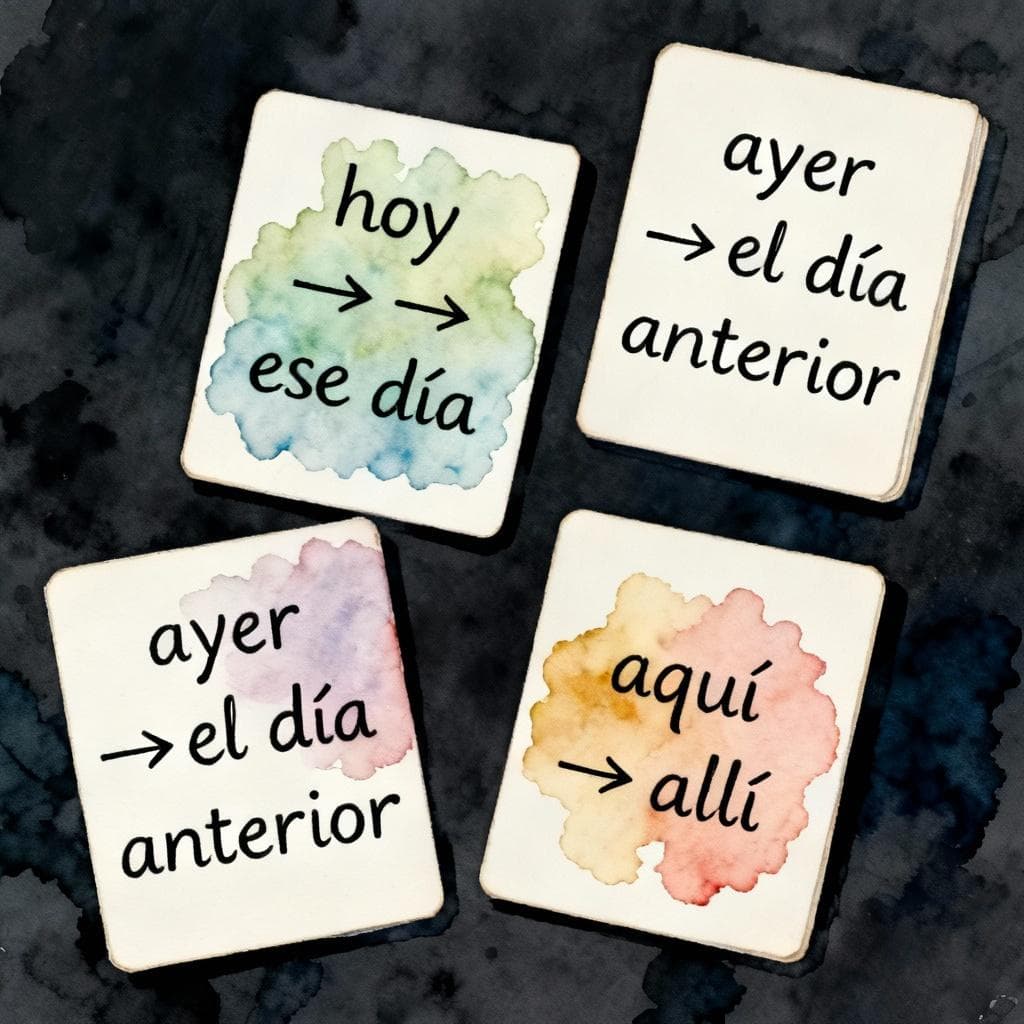 Three simple cards on a dark background showing Spanish deictic shifts with arrows: “hoy → ese día”, “ayer → el día anterior”, “aquí → allí”; charming ink and watercolor, clean lines, vibrant but soft palette, storybook style