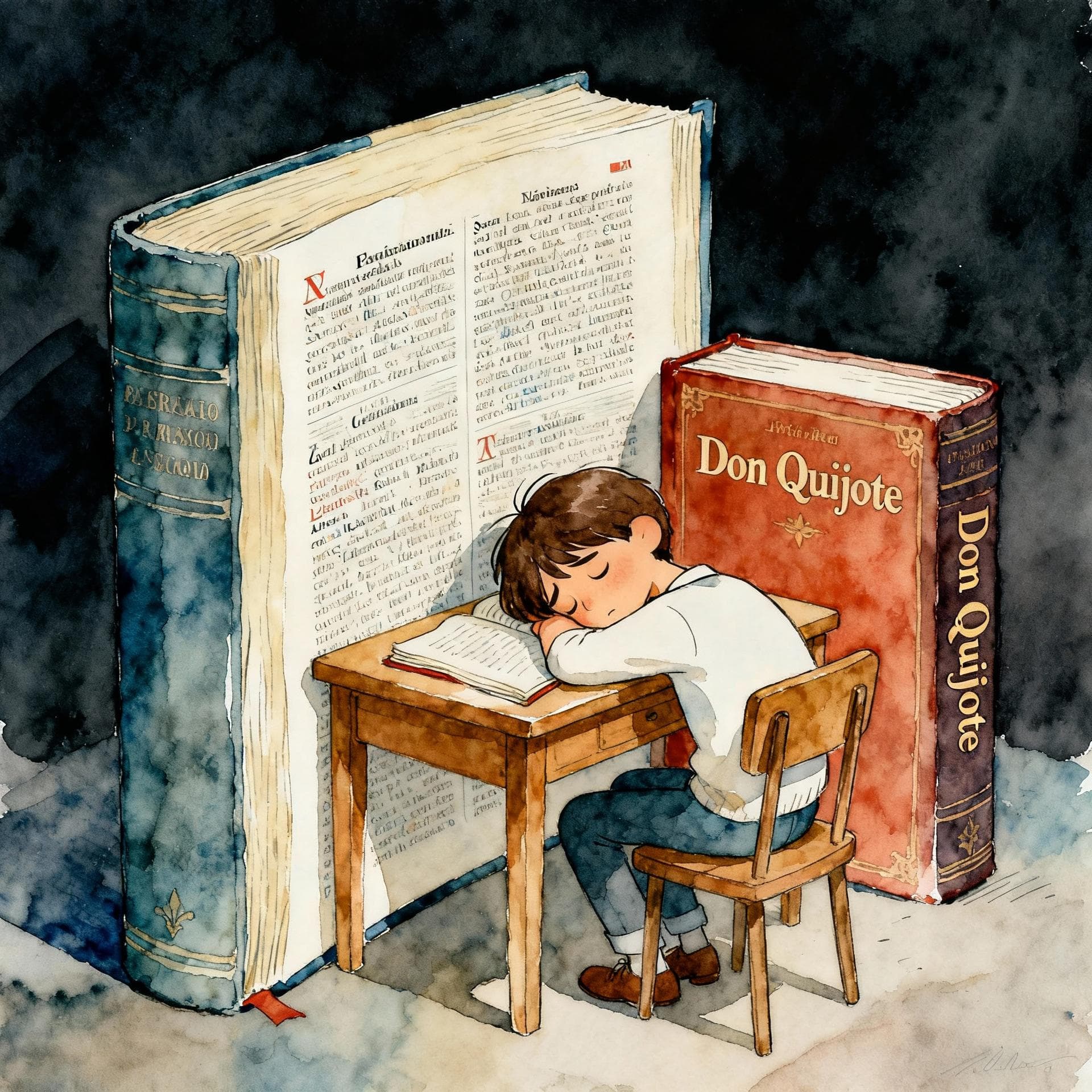 Charming ink and watercolor painting, clean lines, vibrant but soft color palette, storybook style, dark background. A person sits at a small wooden desk, their head resting on a massive, open Spanish dictionary. Next to the dictionary is a thick, intimidating novel titled 'Don Quijote'. The person looks exhausted and frustrated.