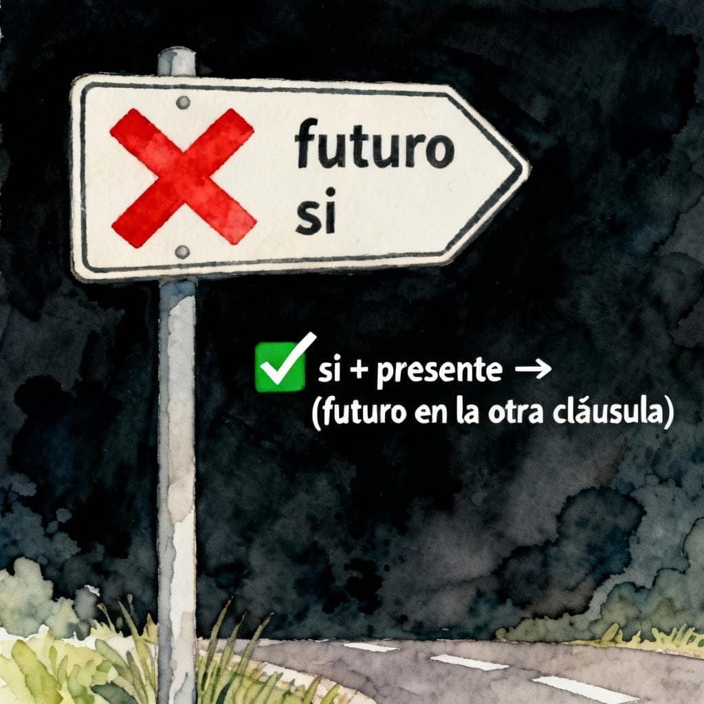 Minimal ink-and-watercolor scene on a dark background: a simple road sign with a red cross over 'futuro' next to 'si', and a green check showing 'si + presente → (futuro en la otra cláusula)'. Clean lines, soft vibrant palette, storybook style, no characters, uncluttered.