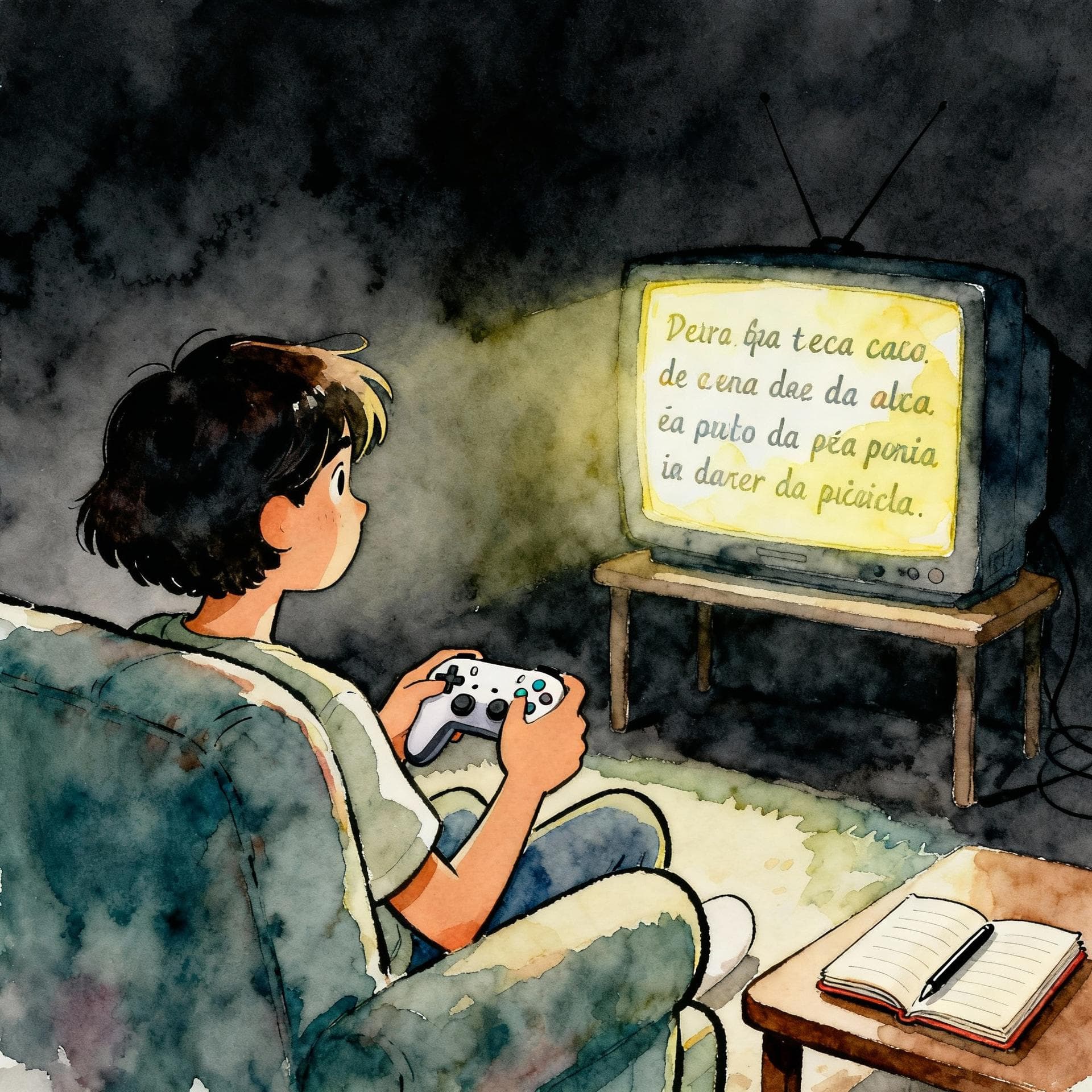 A person sitting comfortably on a couch, holding a game controller, with a glowing screen reflecting Spanish text onto their face. A small, open notebook and pen rest on the table beside them. Charming ink and watercolor painting, clean lines, vibrant but soft color palette, storybook style, dark background.