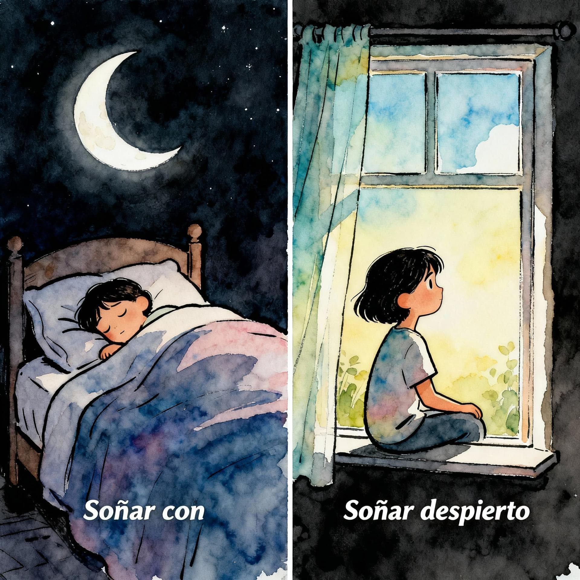 Charming ink and watercolor painting, clean lines, vibrant but soft color palette, storybook style, dark background. A split image divided by a vertical line. On the left side, a dark, nighttime scene shows a crescent moon and a person asleep in bed (labeled 'Soñar con'). On the right side, a bright, daytime scene shows the same person sitting upright and alert, looking out a window (labeled 'Soñar despierto').