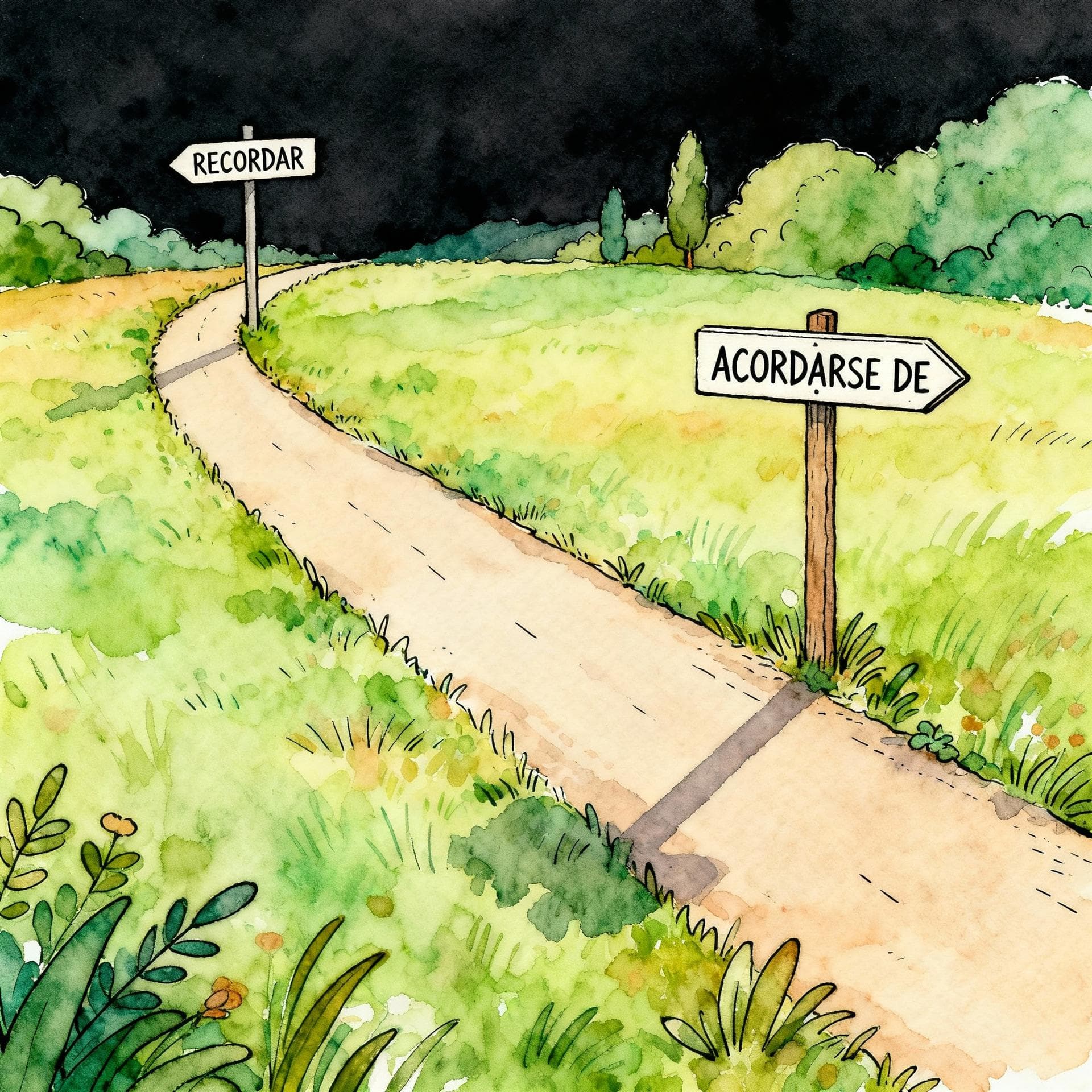 Charming ink and watercolor painting, clean lines, vibrant but soft color palette, storybook style, dark background. A single path splitting into two distinct, parallel roads in a lush landscape. One road has a simple signpost reading 'RECORDAR'. The other road has a signpost reading 'ACORDARSE DE'.