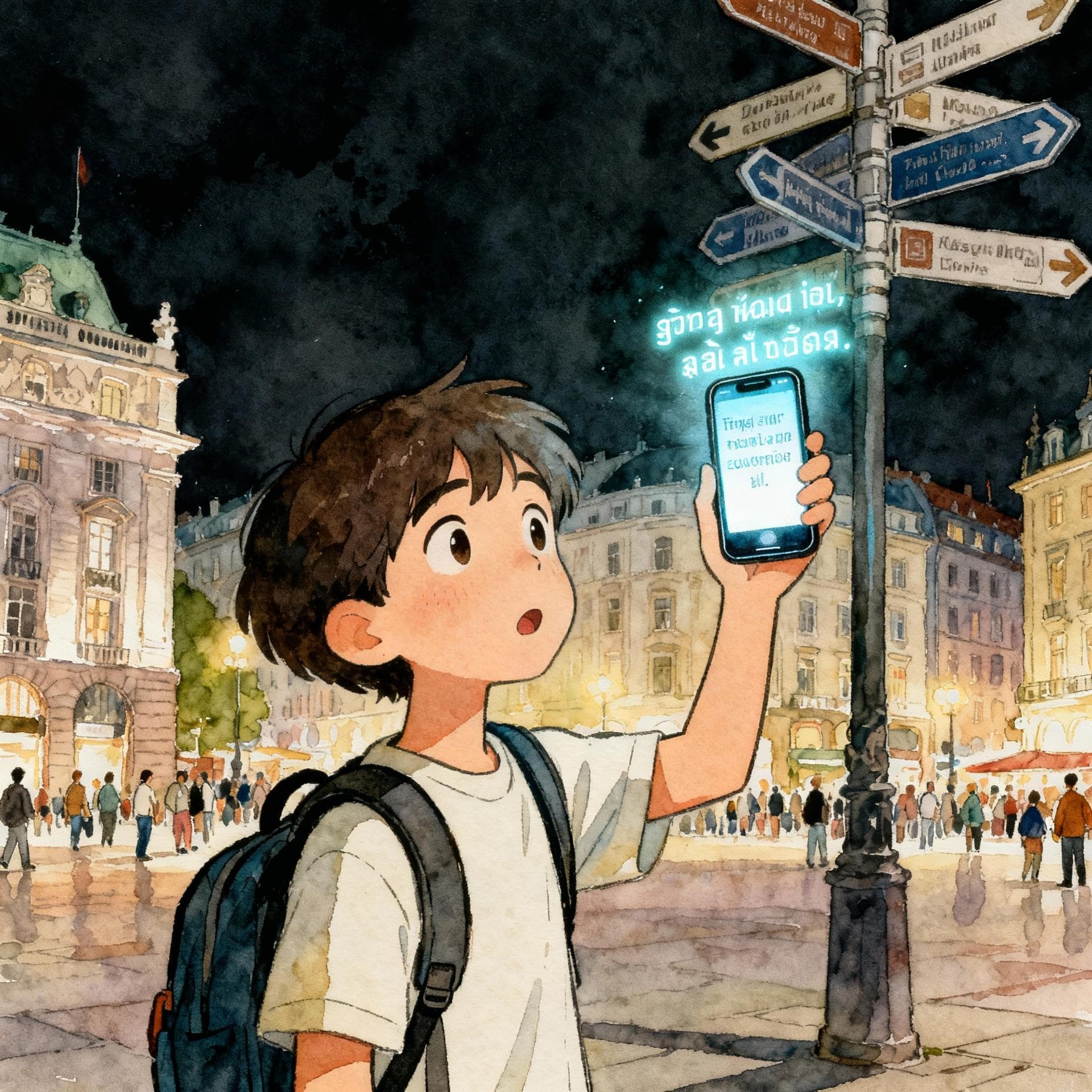 A person wearing a backpack standing in a bustling foreign city square, holding up a smartphone that displays a glowing, translated sentence over a complex street sign. The person looks slightly amazed. Charming ink and watercolor painting, clean lines, vibrant but soft color palette, storybook style, dark background.