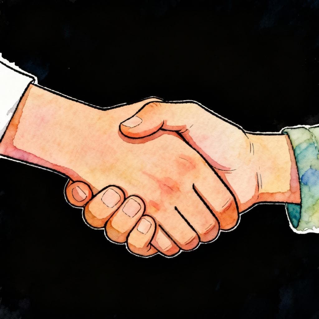Charming ink and watercolor painting, clean lines, vibrant but soft color palette, storybook style, dark background. A close-up view of two hands clasped together in a firm, supportive handshake, symbolizing assistance and cooperation.