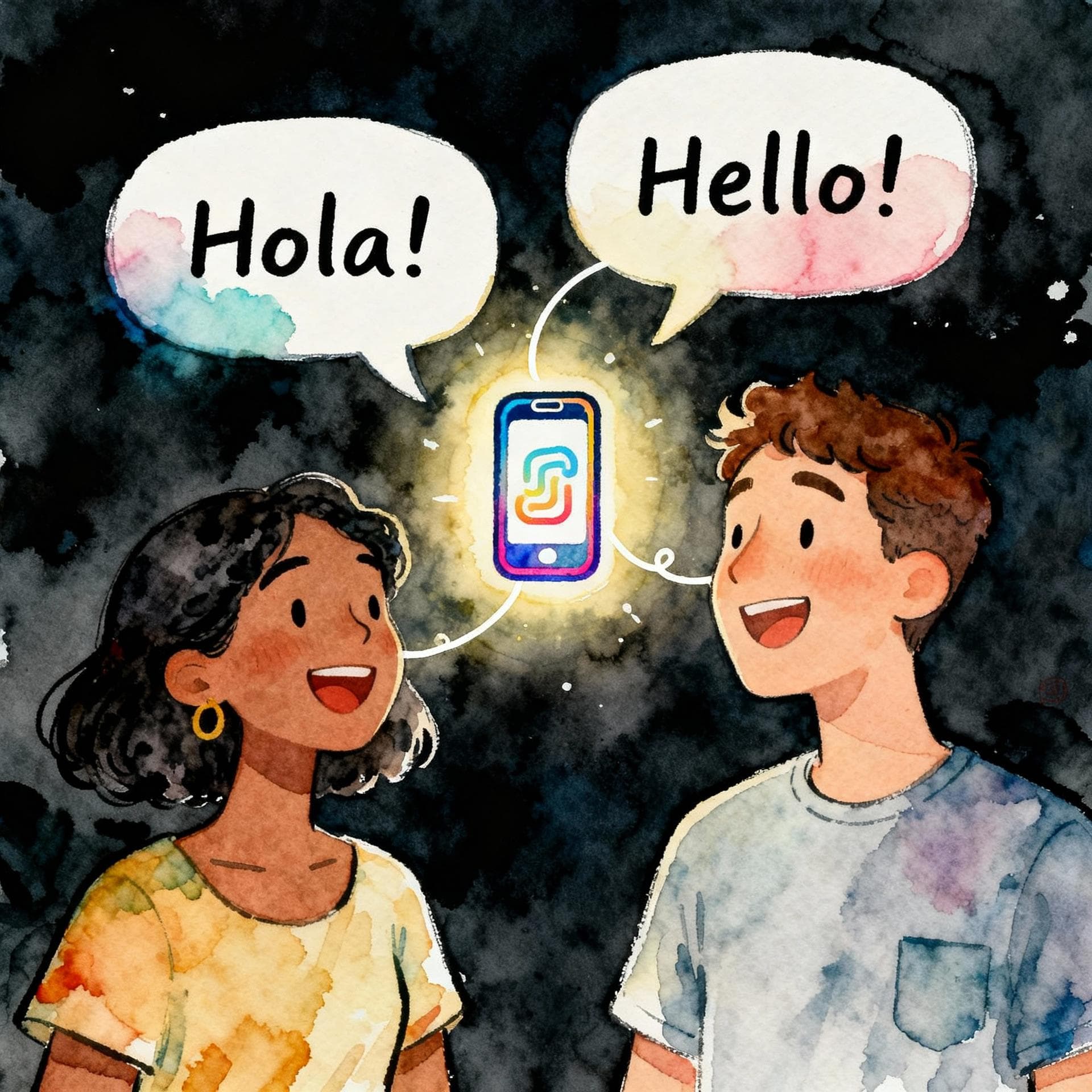 Charming ink and watercolor painting, clean lines, vibrant but soft color palette, storybook style, dark background. Two diverse people, one speaking Spanish and one speaking English, are happily communicating through speech bubbles connected by a glowing, stylized smartphone icon.