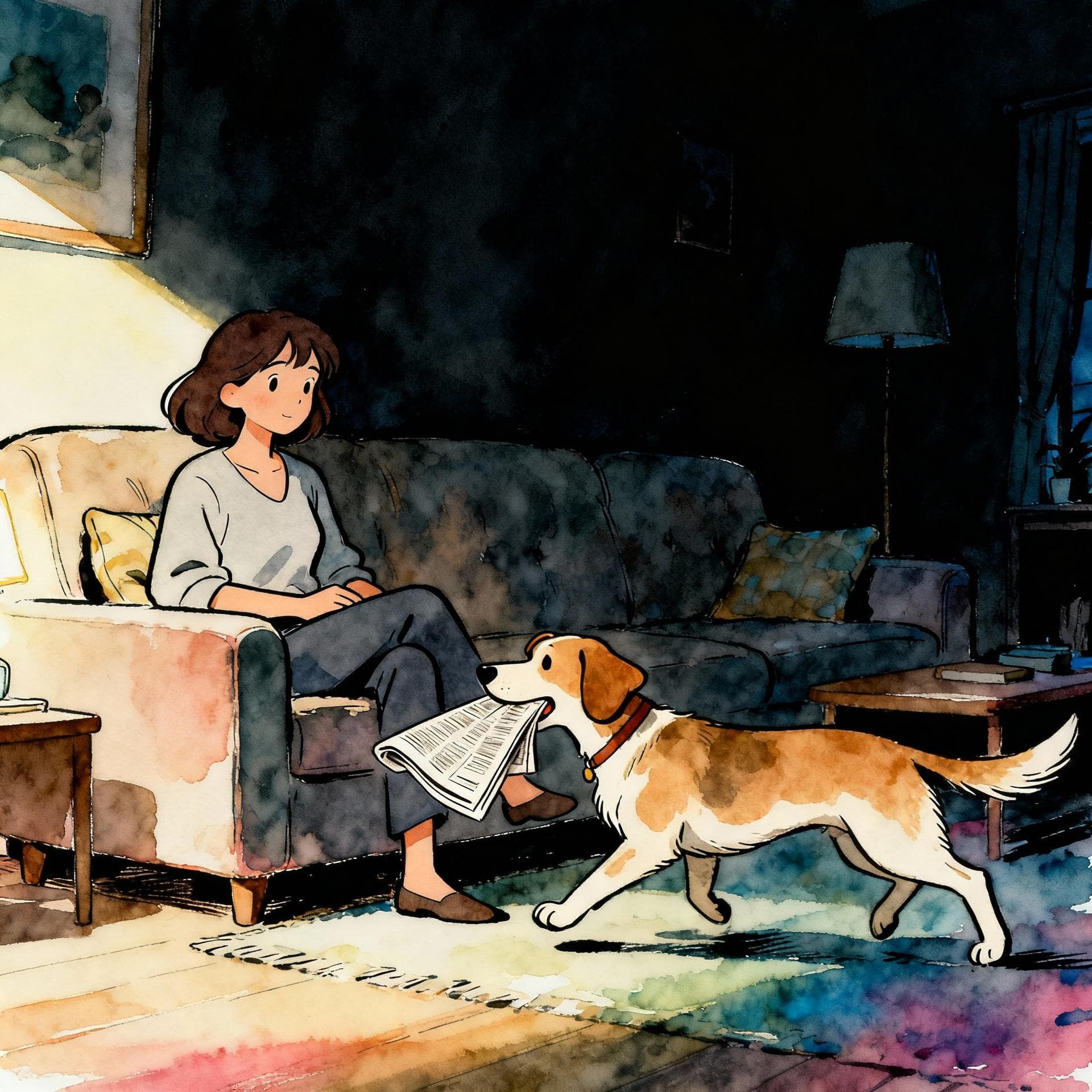 Charming ink and watercolor painting, clean lines, vibrant but soft color palette, storybook style, dark background. A woman is sitting comfortably on a sofa in a living room. A friendly dog is approaching her, holding a newspaper in its mouth, bringing it directly to her.
