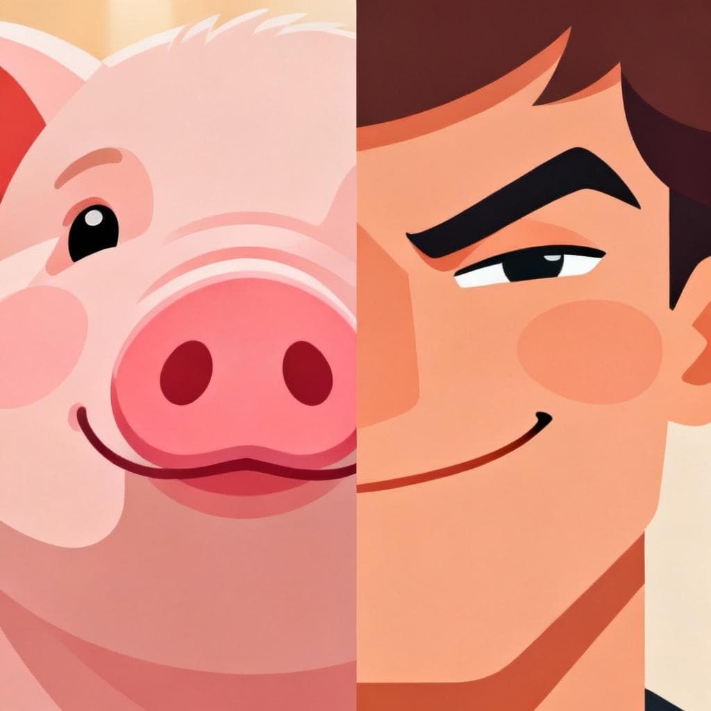 A split image. On the left, a friendly pig's snout (morro) is visible. On the right, a stylized human face with an exaggerated, confident, and slightly cheeky expression.