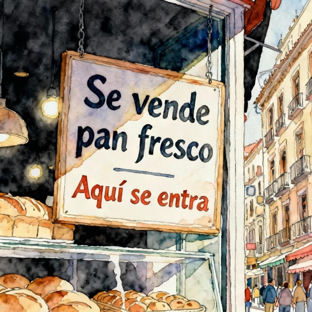 A close-up of a street market or shop window sign in a busy Spanish city. The sign prominently features the phrase 'Se vende pan fresco' (Fresh bread is sold) or 'Aquí se entra'. The scene emphasizes the general, anonymous nature of the action, without showing who is doing the selling. Charming ink and watercolor painting, clean lines, vibrant but soft color palette, storybook style, dark background.