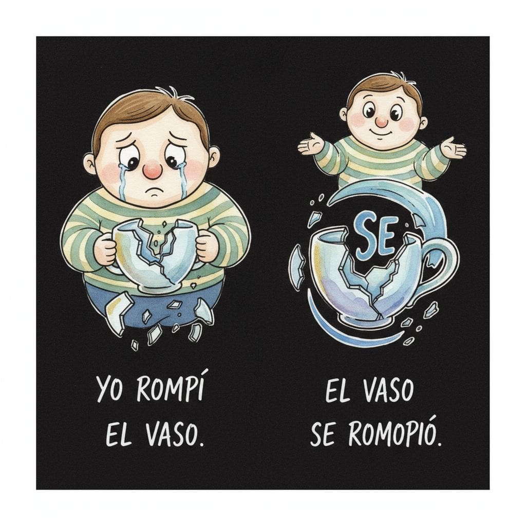 Charming ink and watercolor painting depicting a stylized concept of blame. On one side, a small, cartoonish human figure looks guilty, holding a broken object. On the other side, the same broken object is shown floating or moving independently, with the human figure in the background shrugging innocently. A 'se' particle is subtly integrated into the floating object, representing the grammatical shift. Clean lines, vibrant but soft color palette, storybook style. black background.