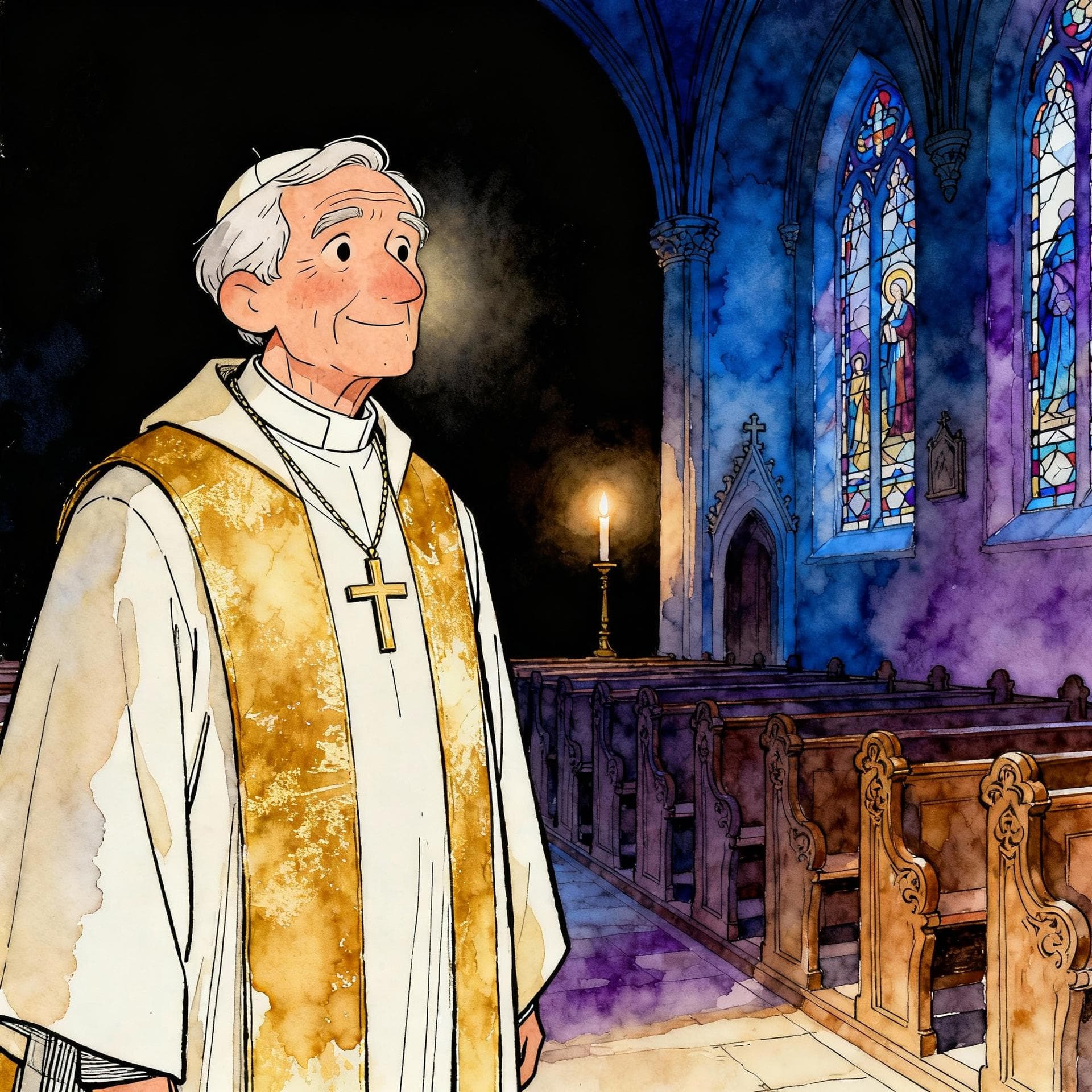 A charming ink and watercolor painting, clean lines, vibrant but soft color palette, storybook style, dark background. A kind, older Catholic priest wearing traditional vestments stands inside a dimly lit, ornate church.