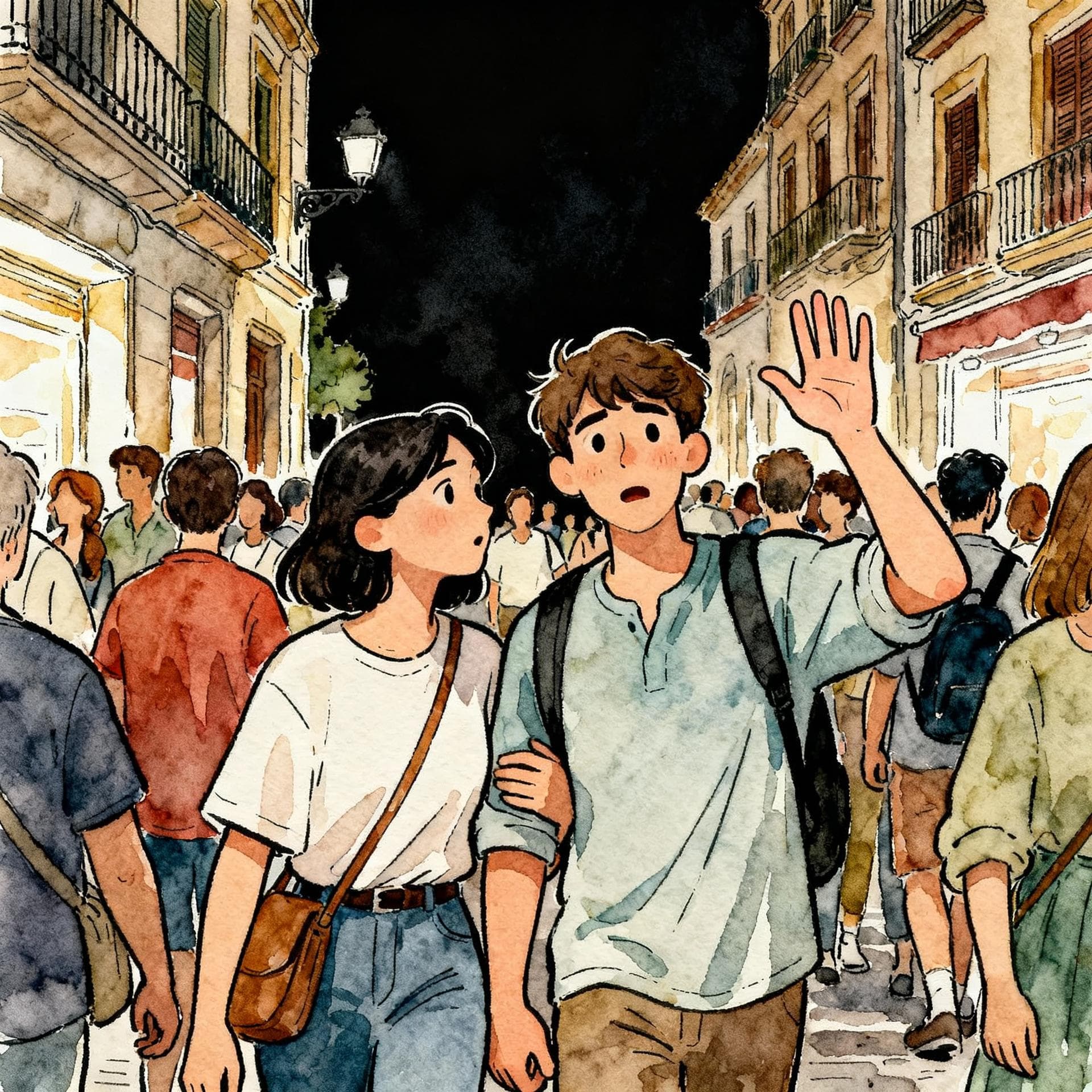 Charming ink and watercolor painting, clean lines, vibrant but soft color palette, storybook style, dark background. A busy, crowded street scene in a Spanish city. Two people are slightly bumping shoulders, and one person is holding up their hand in a gesture of apology.