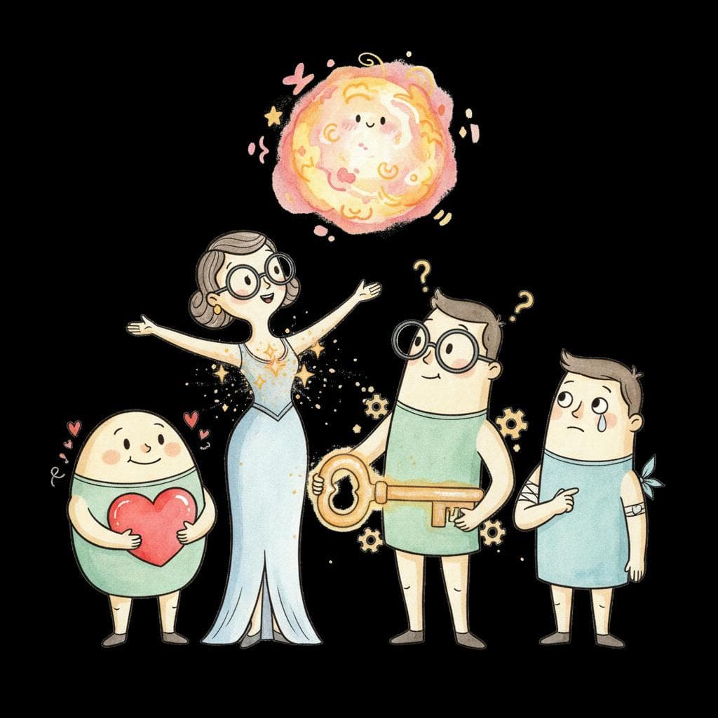 A friendly group of anthropomorphic Spanish verb characters, 'Gustar', 'Encantar', 'Interesar', 'Importar', and 'Doler', standing together happily. Each verb character has a subtle visual cue related to its meaning (e.g., Gustar holding a heart, Doler with a small bandage). They are all looking towards a shared, positive feeling or object.  black background.