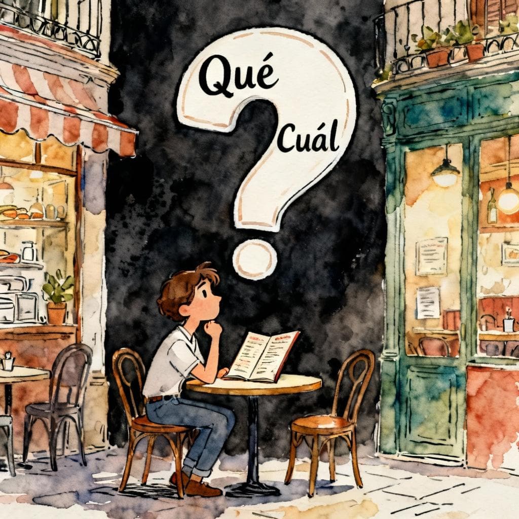 A person sitting at a small table in a cozy Spanish café, looking thoughtfully at a menu. A large, stylized question mark with 'Qué' and 'Cuál' inside it hovers above their head. Charming ink and watercolor painting, clean lines, vibrant but soft color palette, storybook style, dark background.