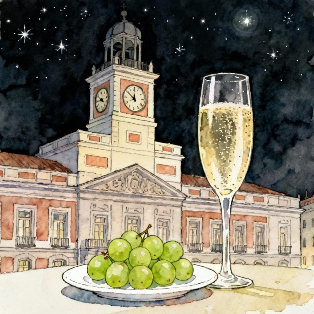 Charming ink and watercolor painting, clean lines, vibrant but soft color palette, storybook style, dark background. Scene: the Puerta del Sol clock tower at midnight with 12 green grapes on a small white plate and a tall glass of cava in the foreground; no people; subtle sparkle in the night sky.